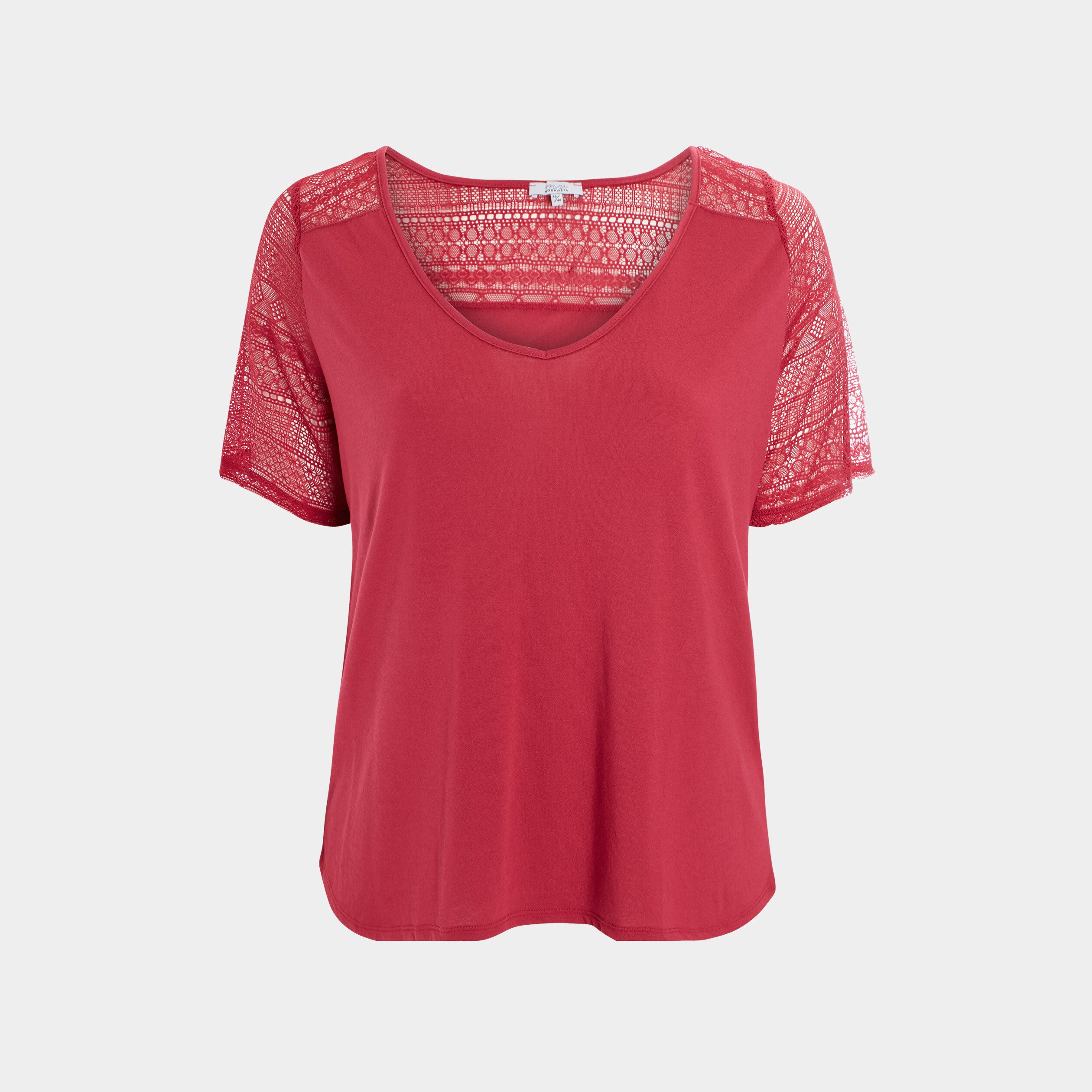 T-shirt manches courtes en dentelle rose framboise femme grande taille | La Halle