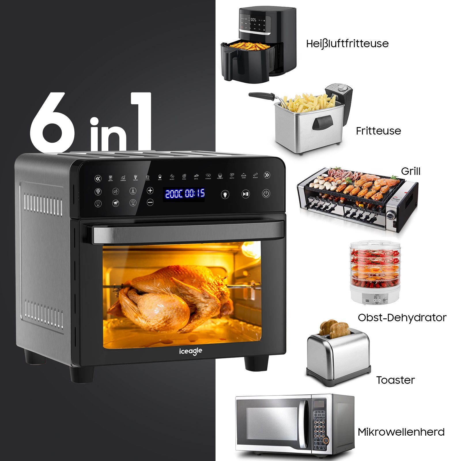 iceagle Heißluftfritteuse Heißluftfritteuse 15L, Heißluft-Backofen mit 13 Programme, 1800,00 W