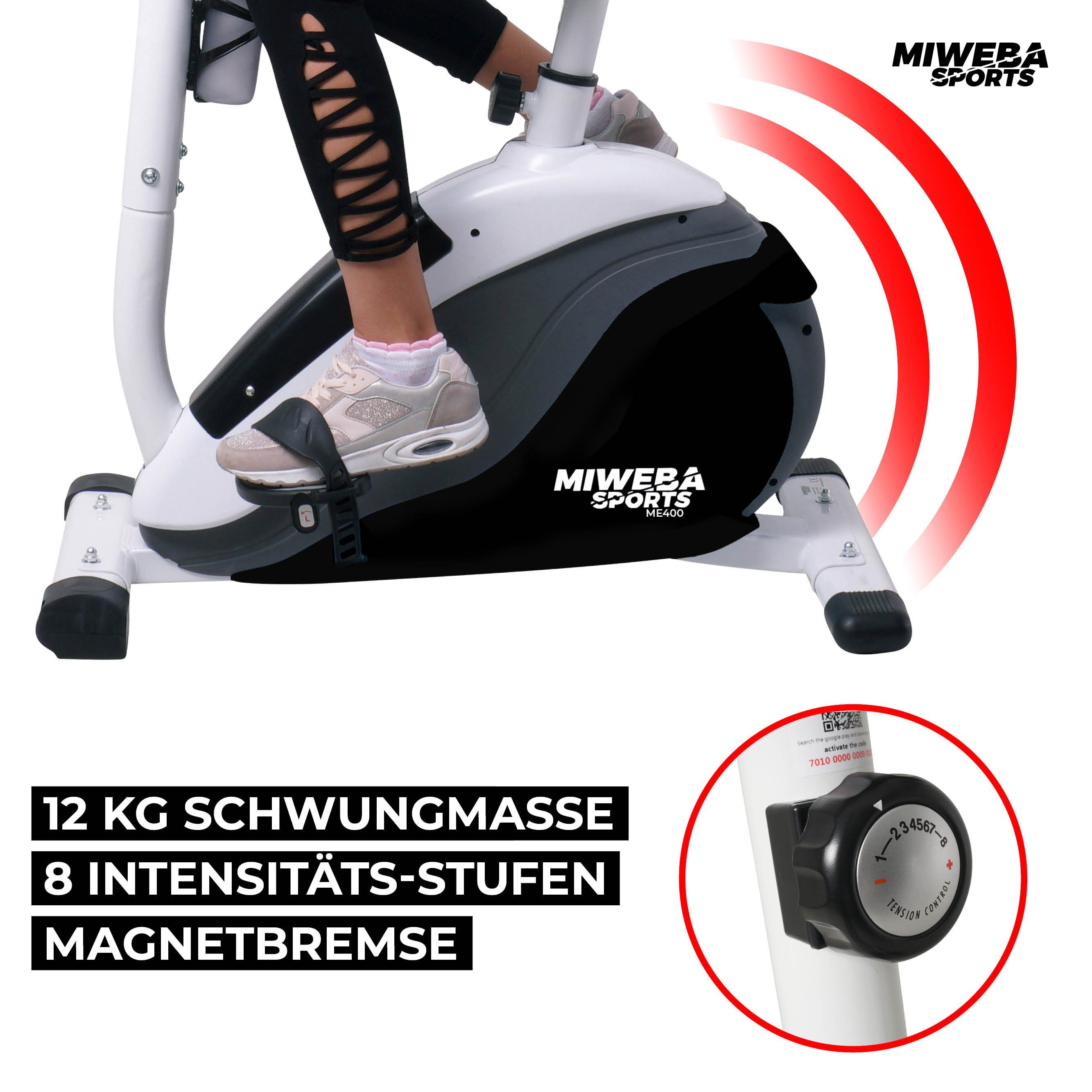 Miweba Sports Heimtrainer Profi Indoor Cycle ME400 inkl. Pulsgurt - 12 kg Schwungmasse (8 Intensitätsstufen, 150 Kg max. Belastbarkeit, Cardio, Trimmrad, Fitnessbike, Indoor Cycling, Fahrradtrainer, Trainingsgerät, 2-tlg., Fitshow App, Tablet- und Sm