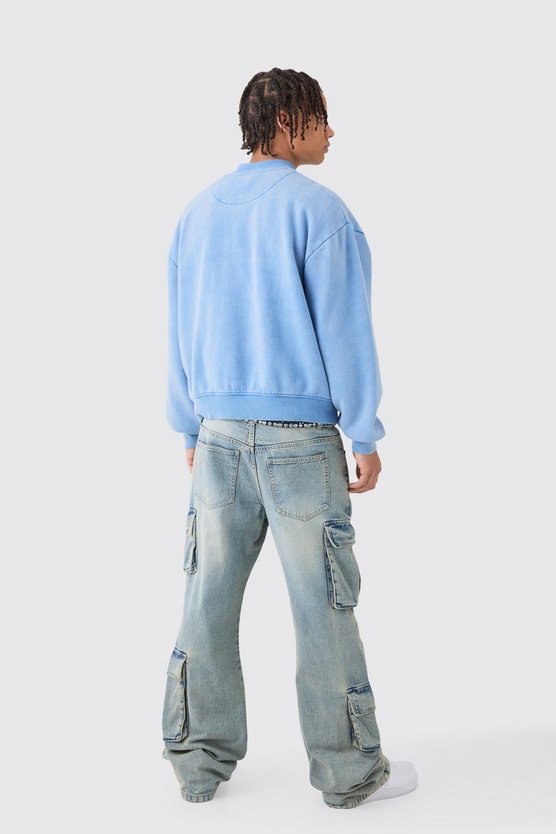 Kastige Oversize Jersey-Bomberjacke mit Acid-Waschung und Sternen-Applikation
