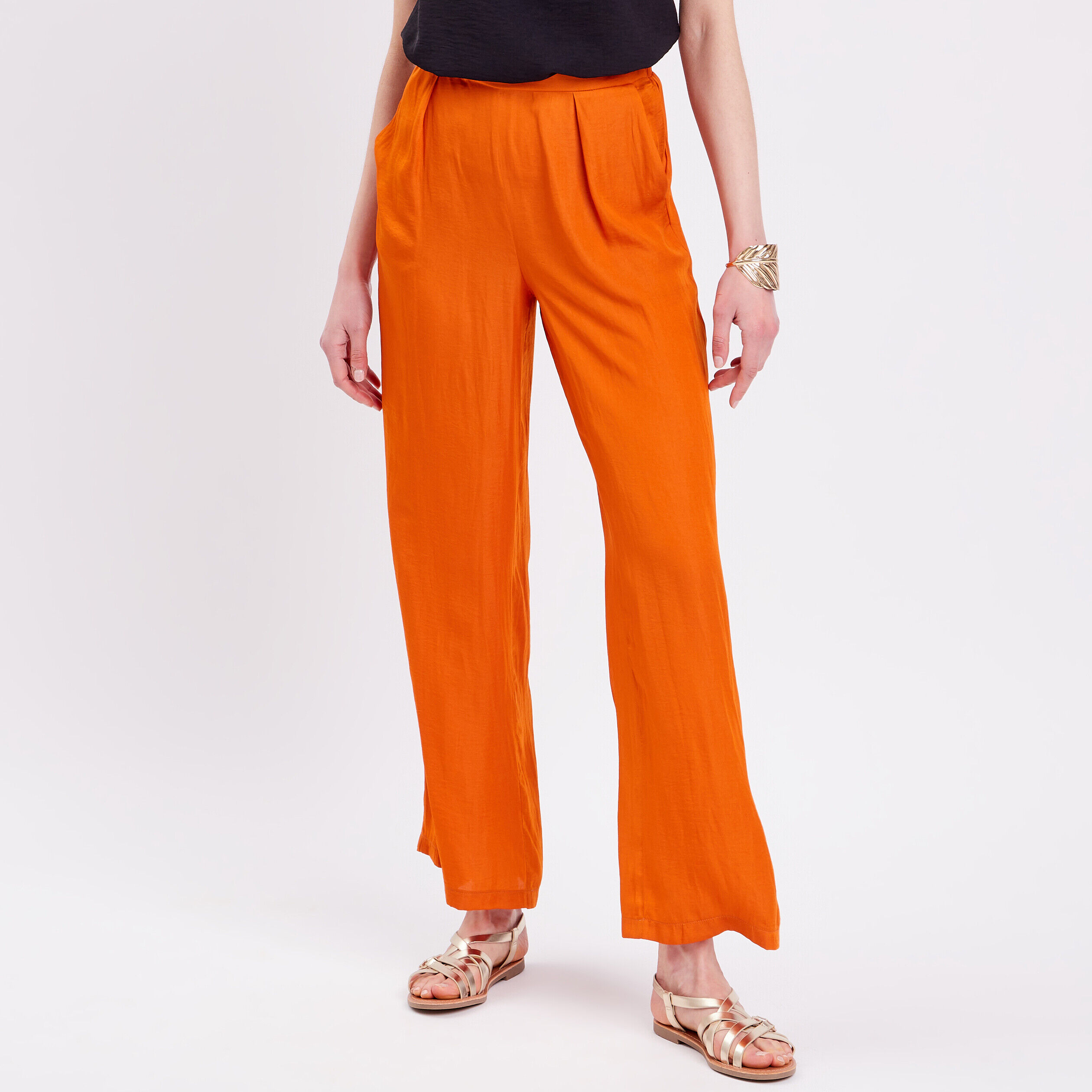 Pantalon city large satin orange femme | Cache Cache