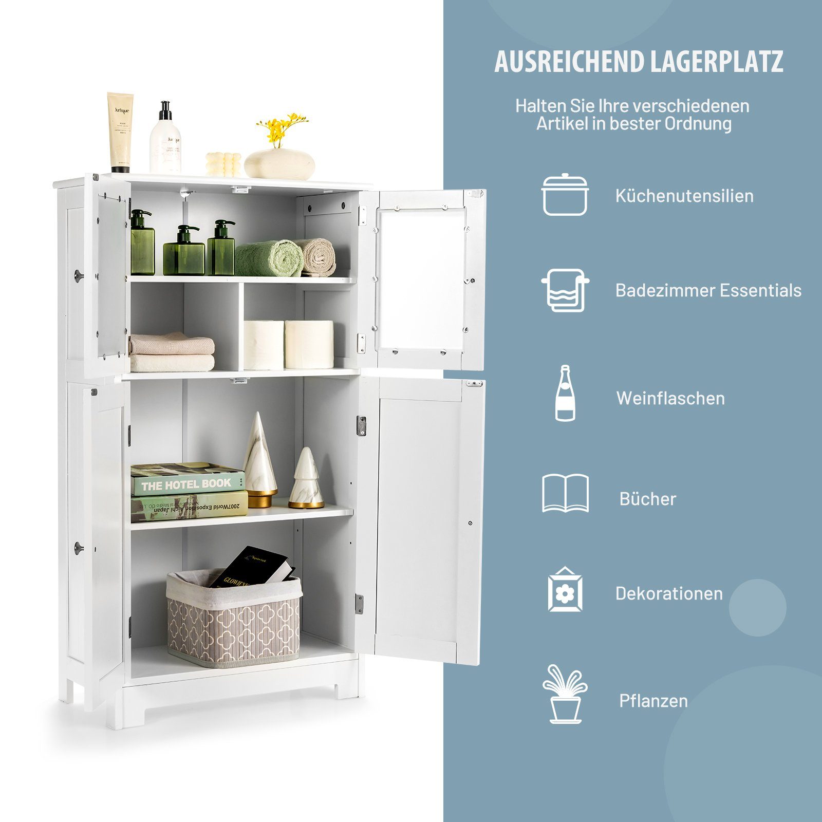 COSTWAY Mehrzweckschrank 4-türig, mit verstellbarem Regal, 58 x 30 x 109cm