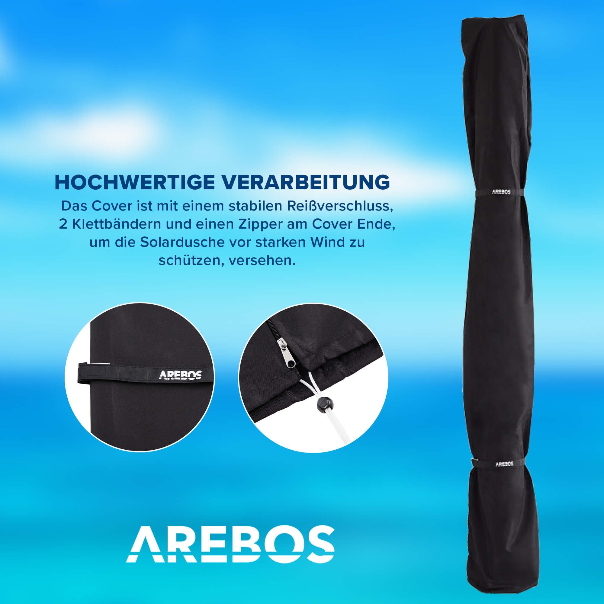 Arebos Solardusche 40 Liter, 220 cm, inkl. Abdeckhaube, bis 60°C (silber)