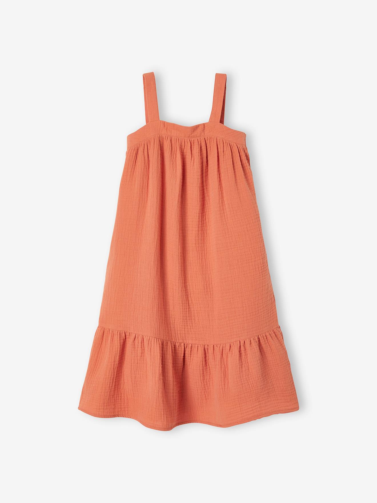Robe longue en gaze de coton fille ivoire imprimé