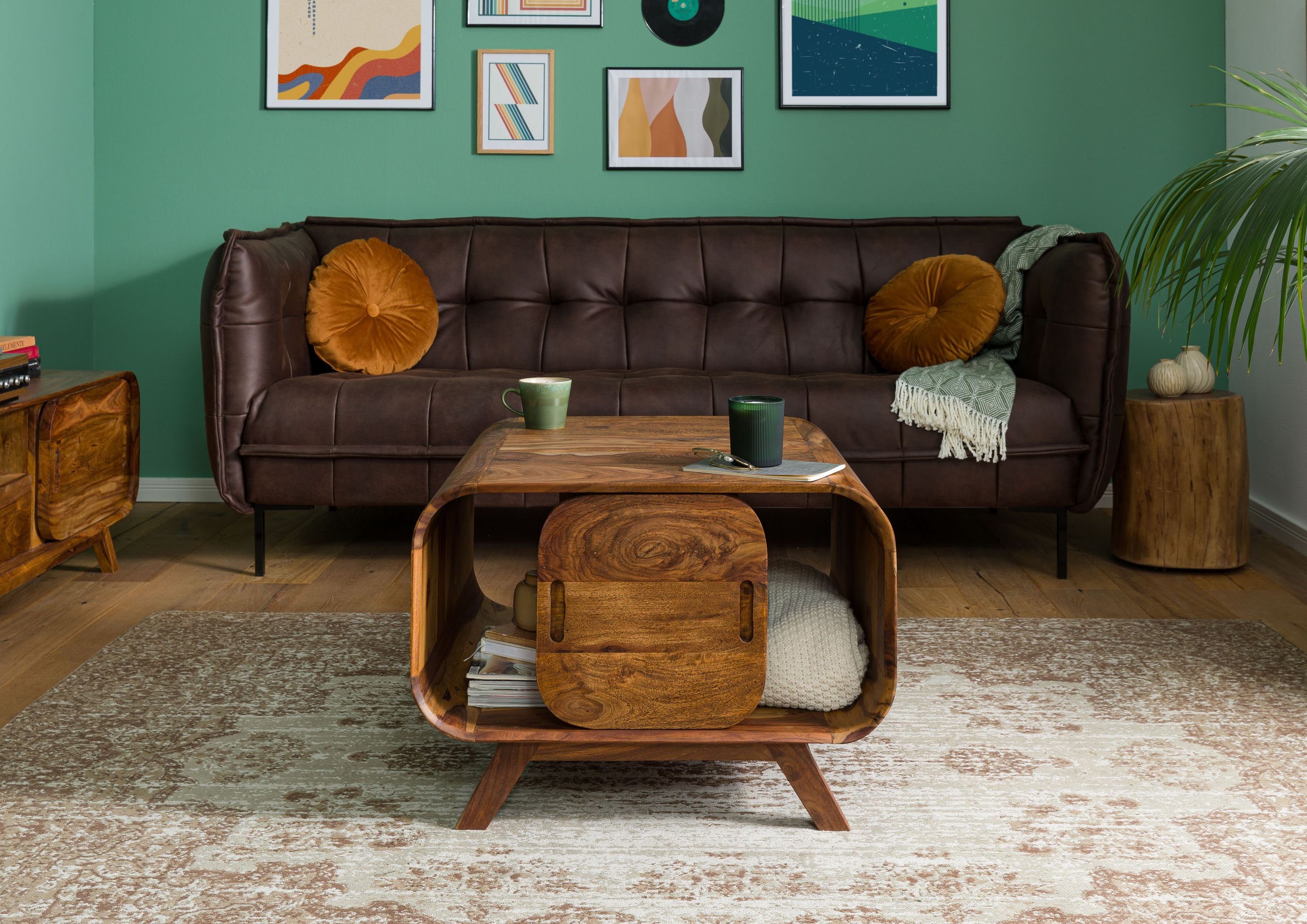 Massivmoebel24 Couchtisch Sheesham 70x70x50 hellbraun lackiert MAILAND #133
