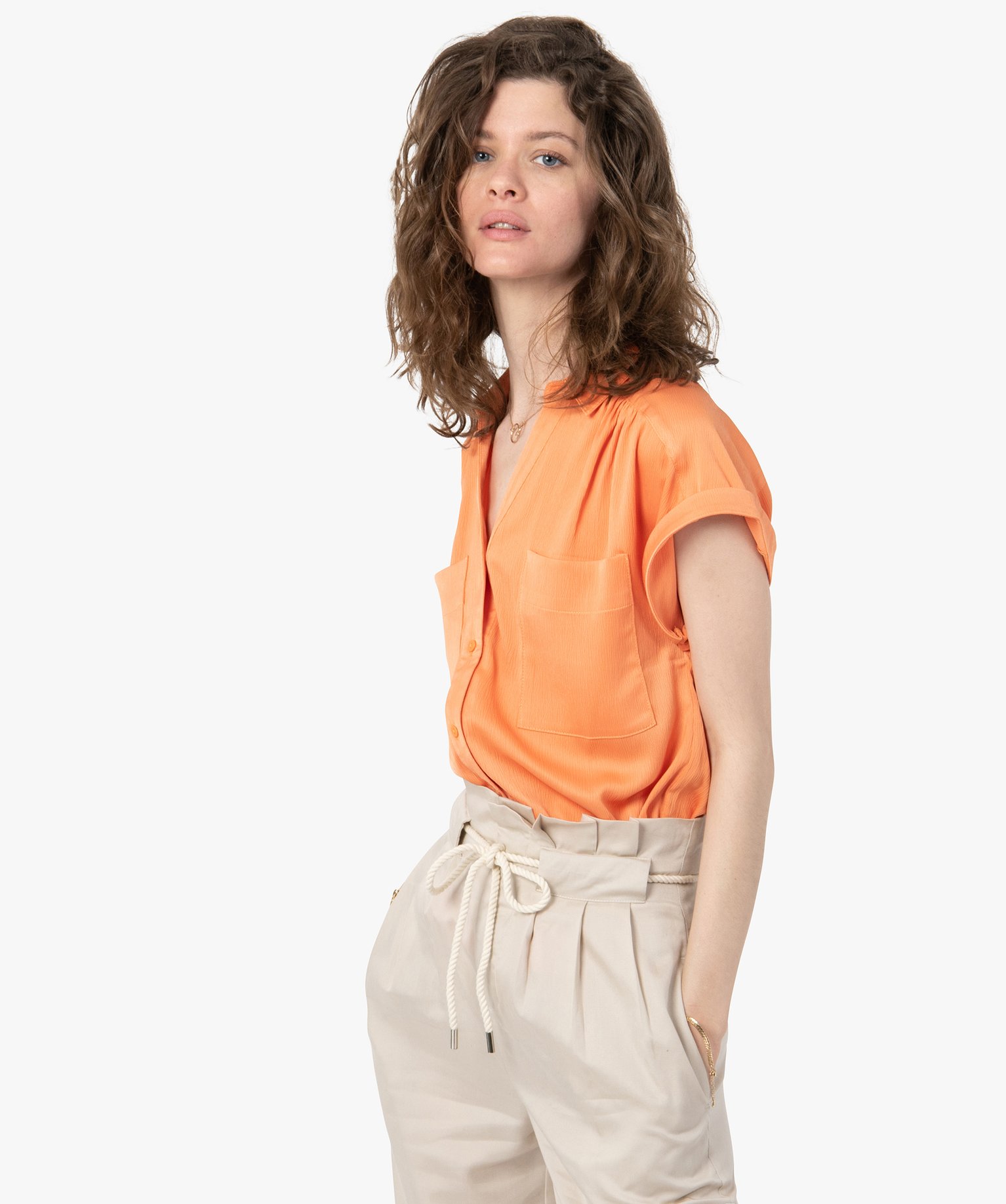 Chemise femme à manches courtes en matière satinée orange | GEMO