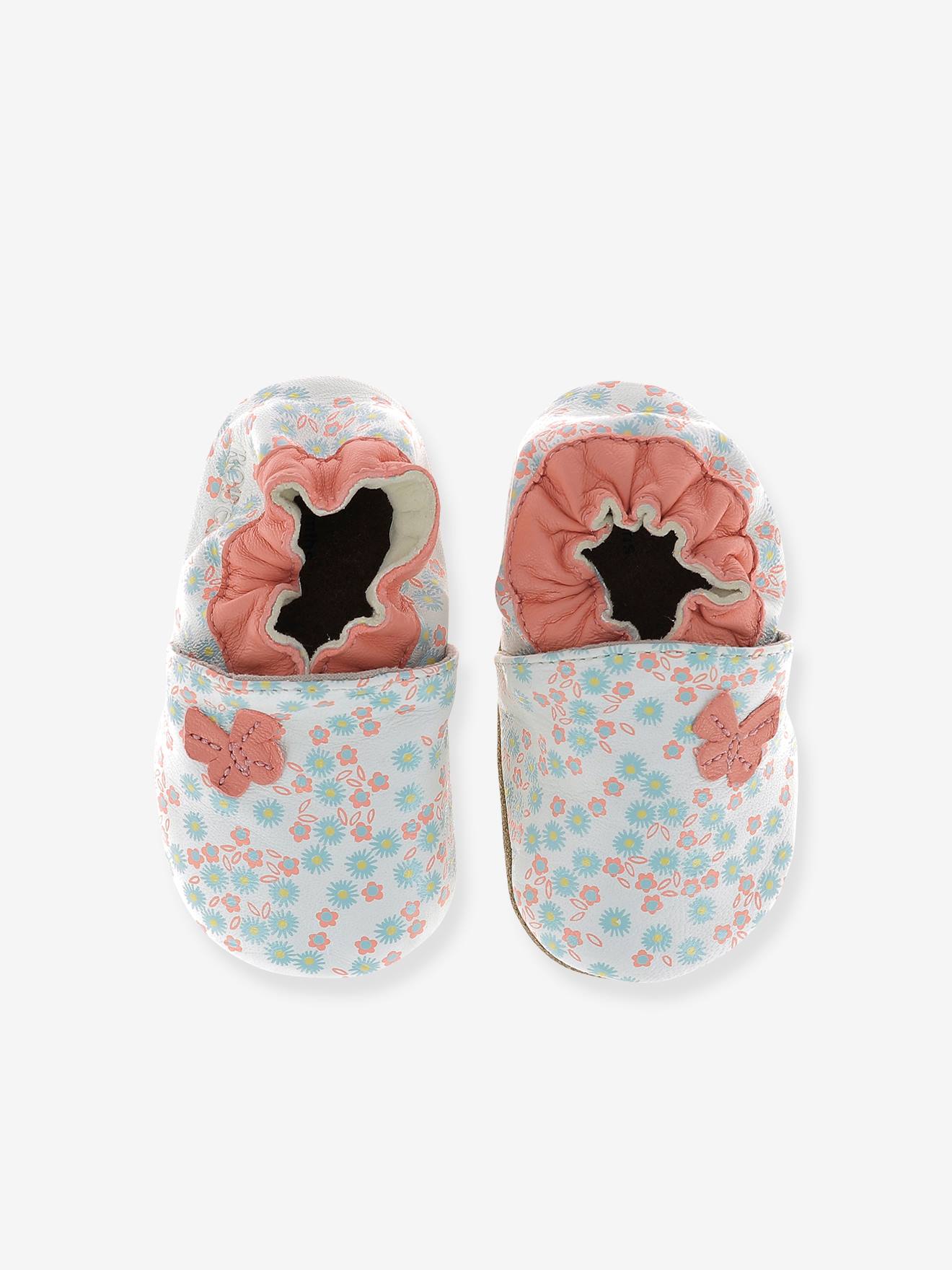 Chaussons cuir souple bébé Daisy Summer ROBEEZ© blanc imprimé