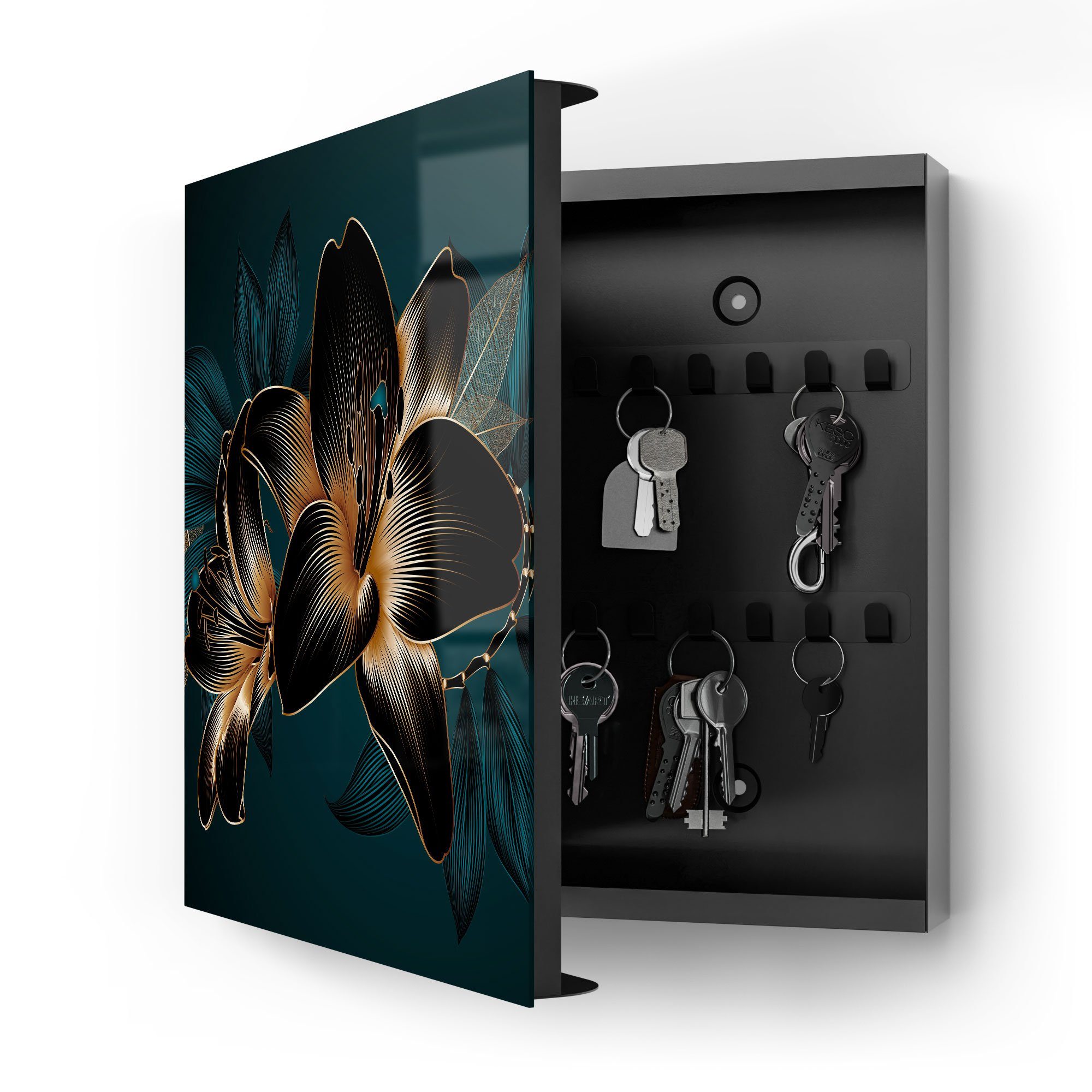 DEQORI Schlüsselkasten 'Hochwertige Liliengrafik', Glas Schlüsselbox modern magnetisch beschreibbar
