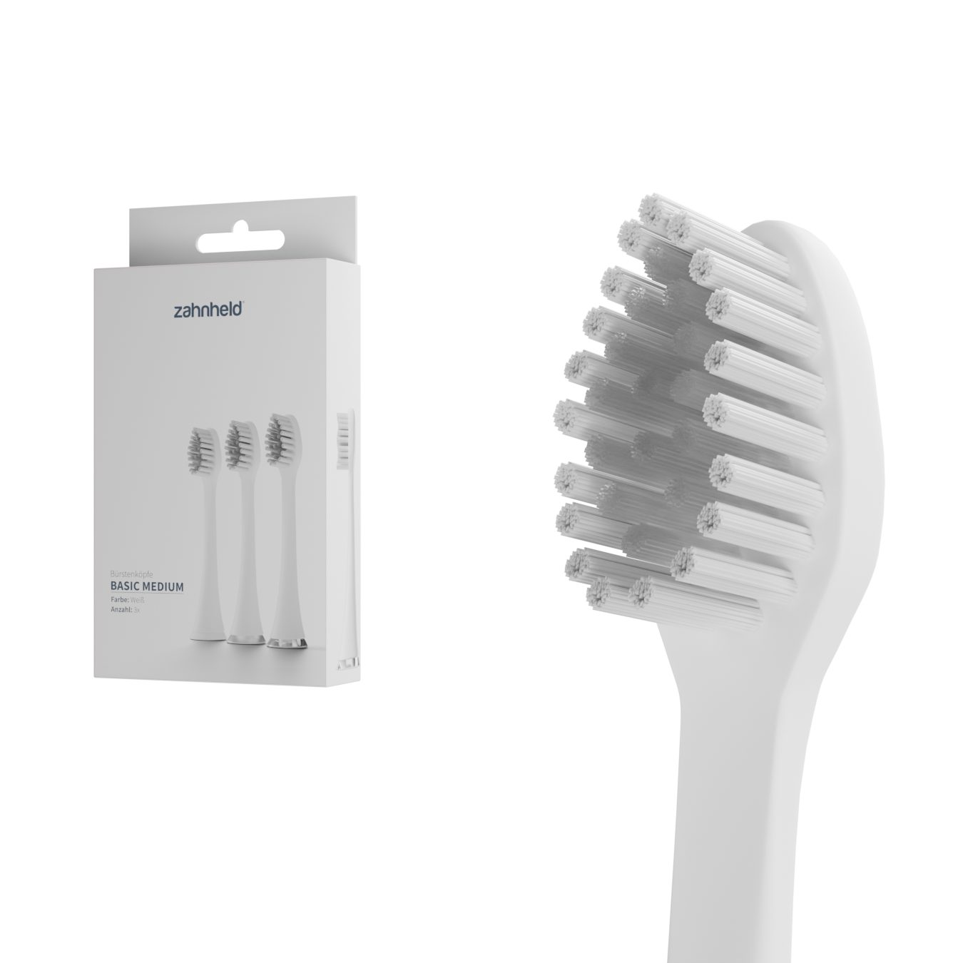 Zahnheld Aufsteckbürsten Basic Medium, 3 Stück Weiß, 3 mittelharte Wechselköpfe (plastikfrei verpackt)