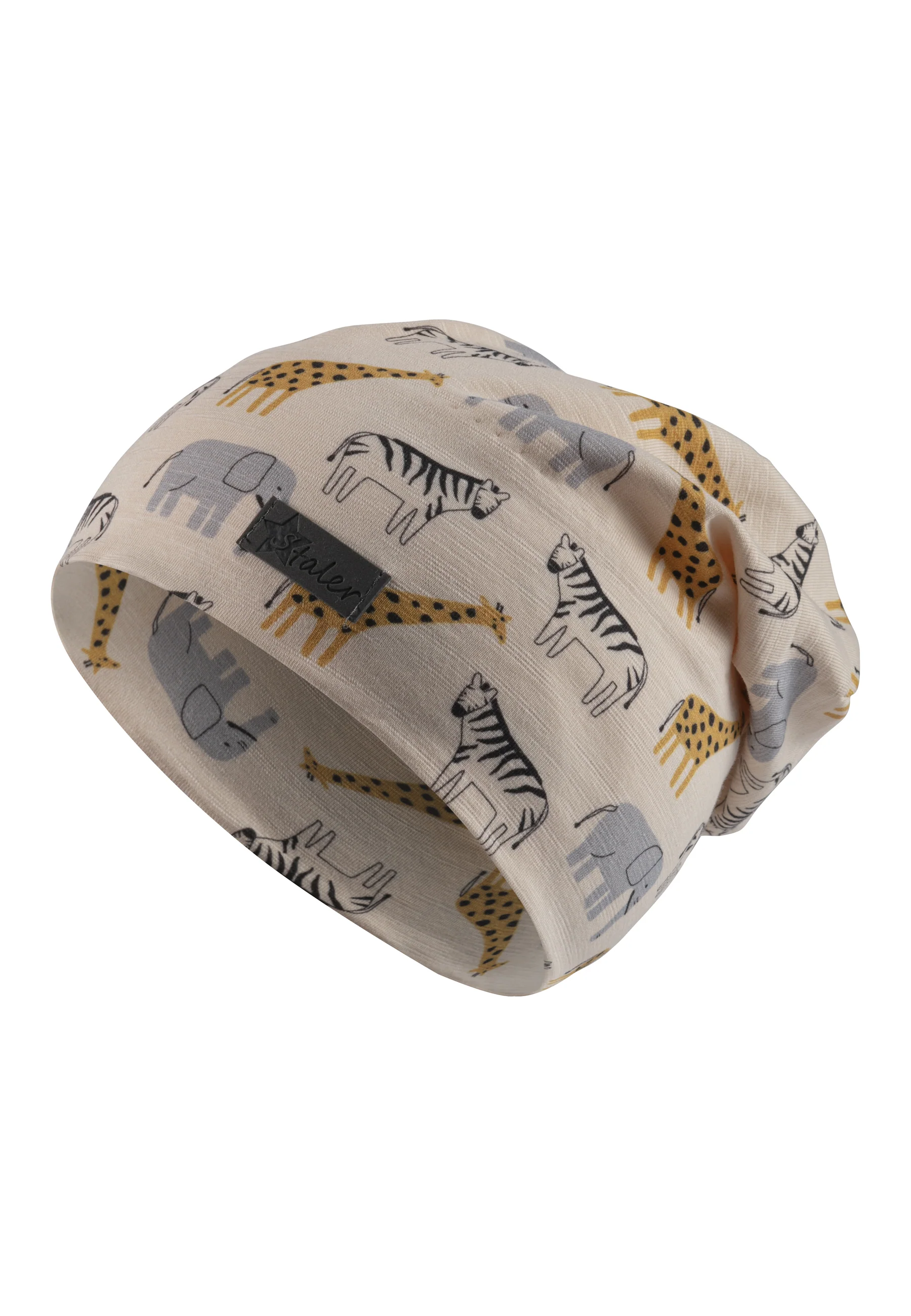 Beanie bedruckt mit Safari-Tieren in beige