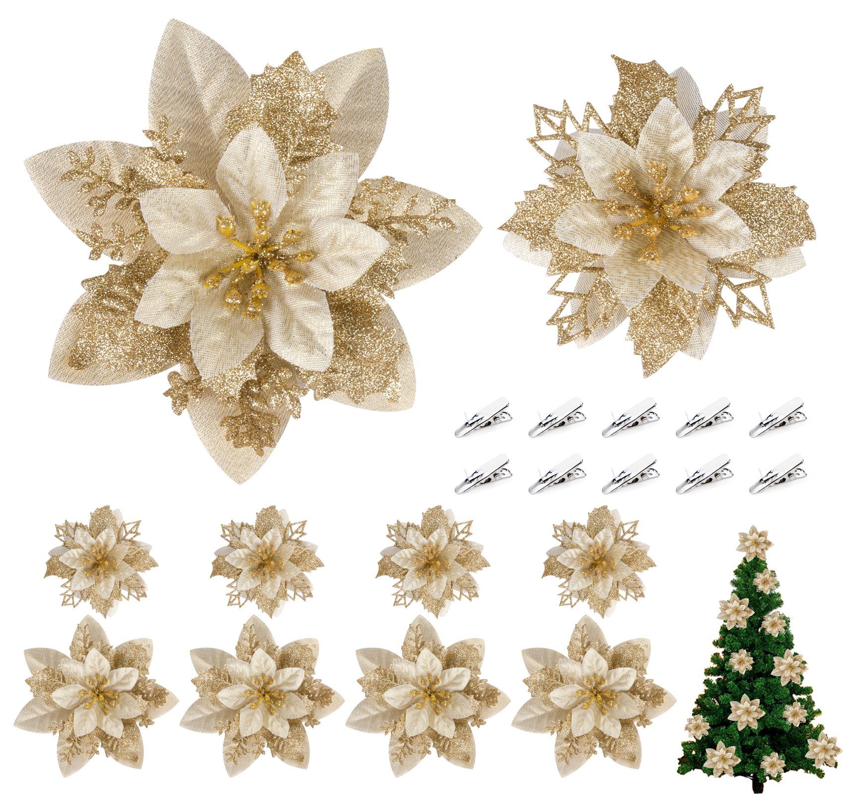Homewit Christbaumschmuck Glitzer Weihnachtsblumen Kunstblume mit Clips Weihnachtsbaum Deko (16-tlg), Weihnachtsschmuck Weihnachtsdeko Ornamente für Kränze und Girlande