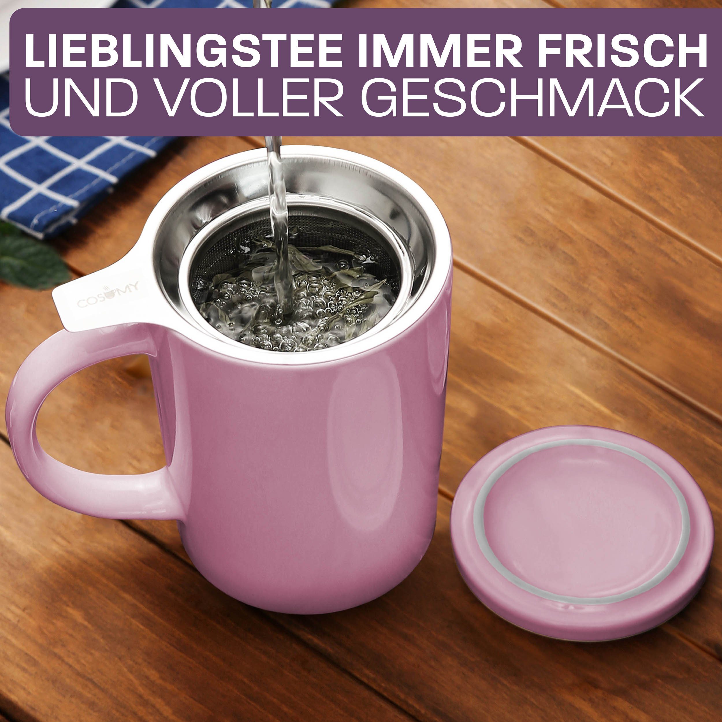Cosumy Teeglas Teetasse mit Sieb und Deckel 400ml - Jumbotasse, Porzellan, Hält Lange warm - 400 ml Groß - Spülmaschinenfest