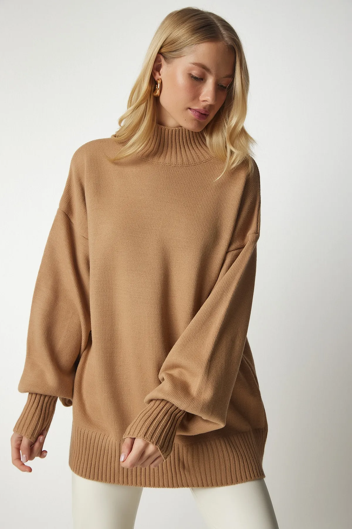 Happiness İstanbul  Damen Biscuit Stehkragen Oversize Basic Strickpullover YY00167