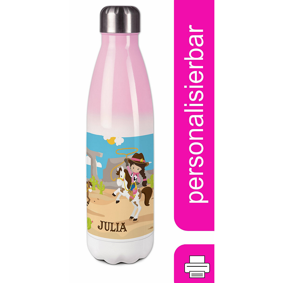 Edelstahl Kinder Thermoflasche / Trinkflasche bunt Cowgirl Spülmaschinenfest, Auslaufsicher, Bruchfest, Doppelwandig, Für Heißgetränke geeignet, Mit Deckel, Isoliert