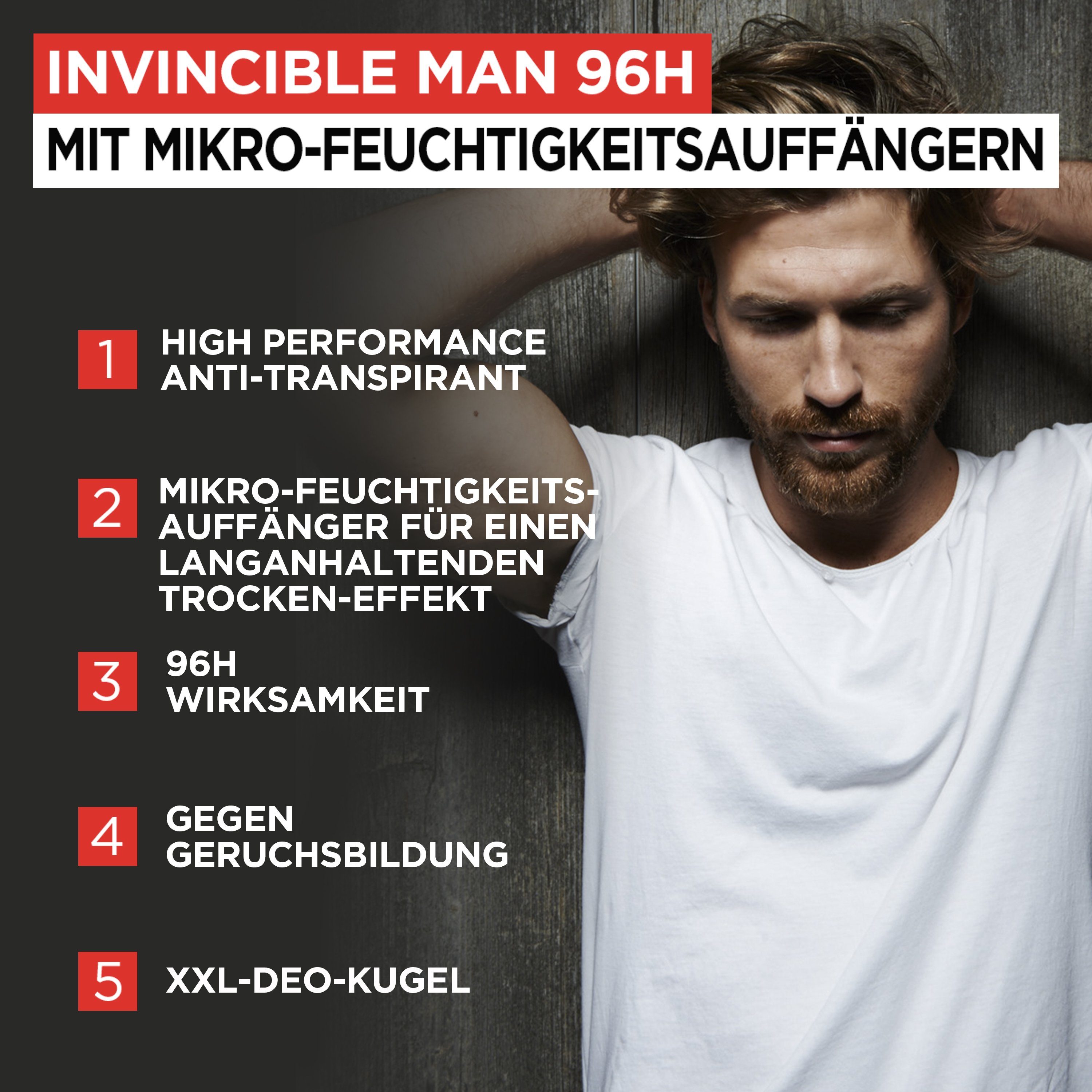 L'ORÉAL PARIS MEN EXPERT Deo-Roller Invincible Man Anti-Transpirant mit 96H Non-Stop Trockenschutz