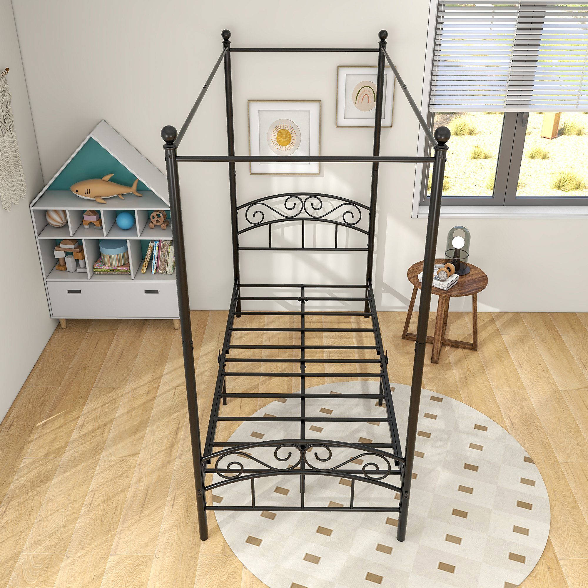 Gotagee Himmelbett Metallbett Himmelbett Schwarz 90x190cm Gästebett Eisenbett Einzelbett