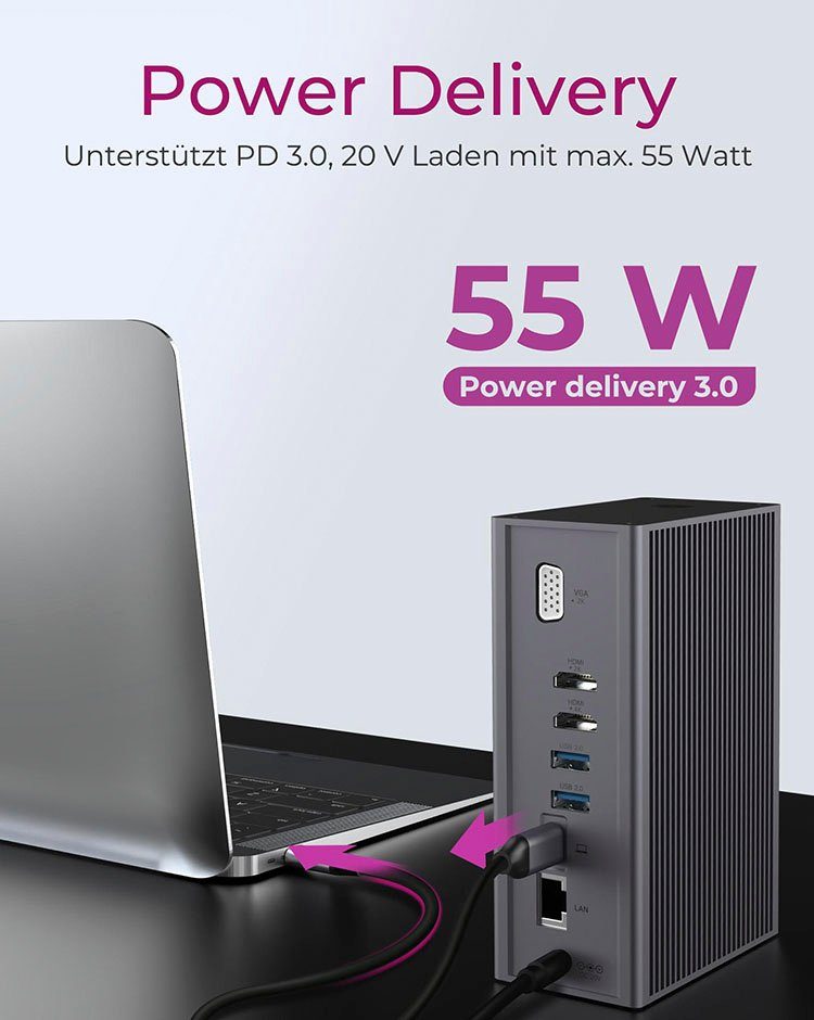 ICY BOX Laptop-Dockingstation ICY BOX 14-in-1 Notebook/PC Dock USB Type-C & Type-A, inkl. 2x HDMI, 1x VGA