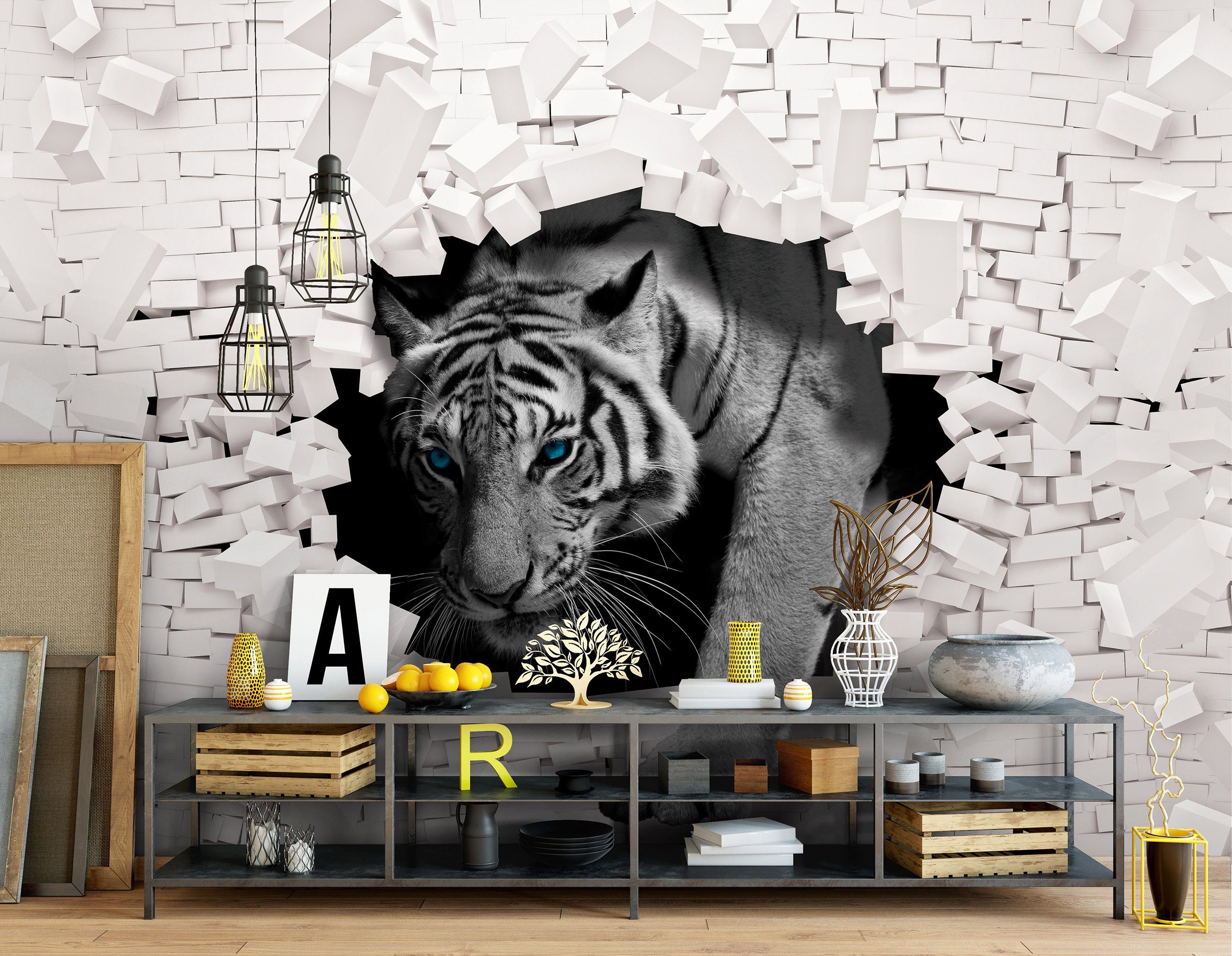 Wallarena Fototapete Kinderzimmer Jungen 3D EFFEKT Tiger Tiere Ziegel Abstrakt Modern Vlies Tapete für Wohnzimmer oder Schlafzimmer Vliestapete Wandtapete Motivtapete, Glatt, 3D-Optik, Vliestapete inklusive Kleister