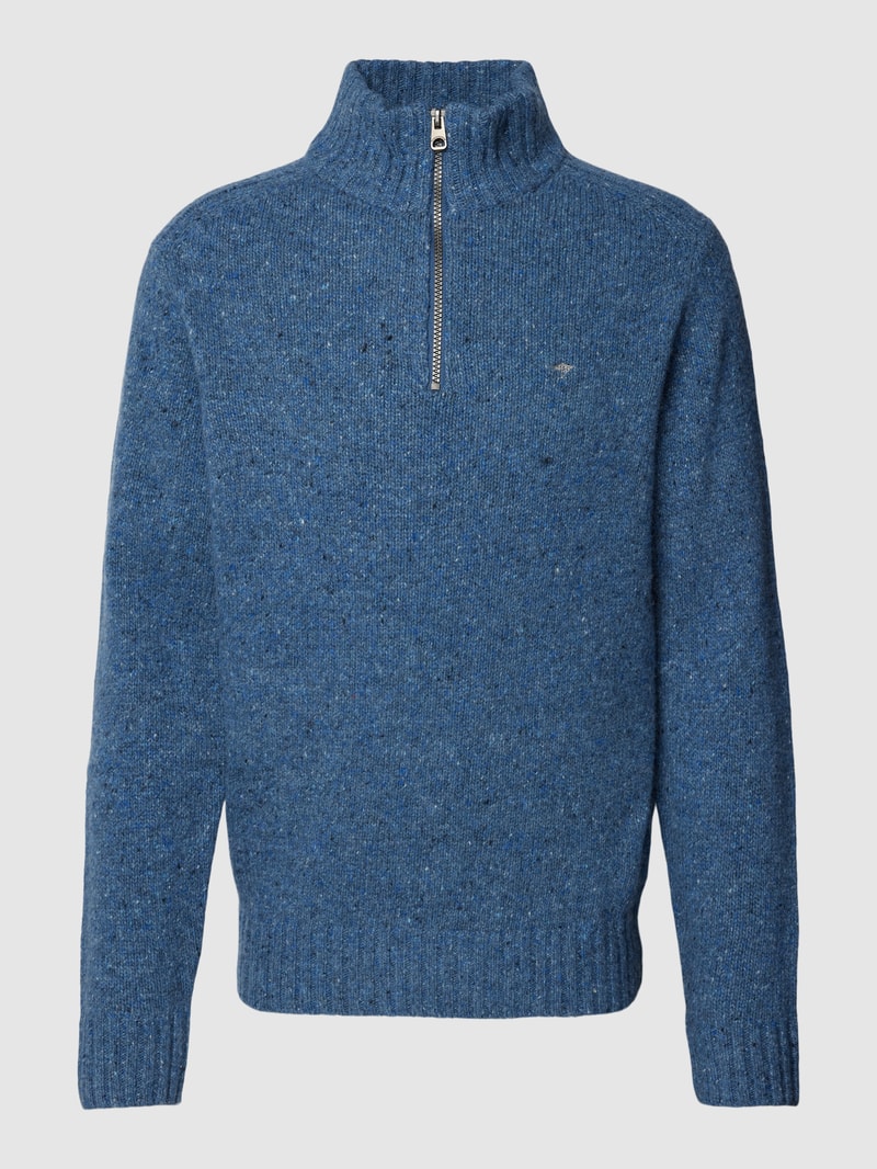 Strickpullover mit kurzem Reißverschluss in blau meliert