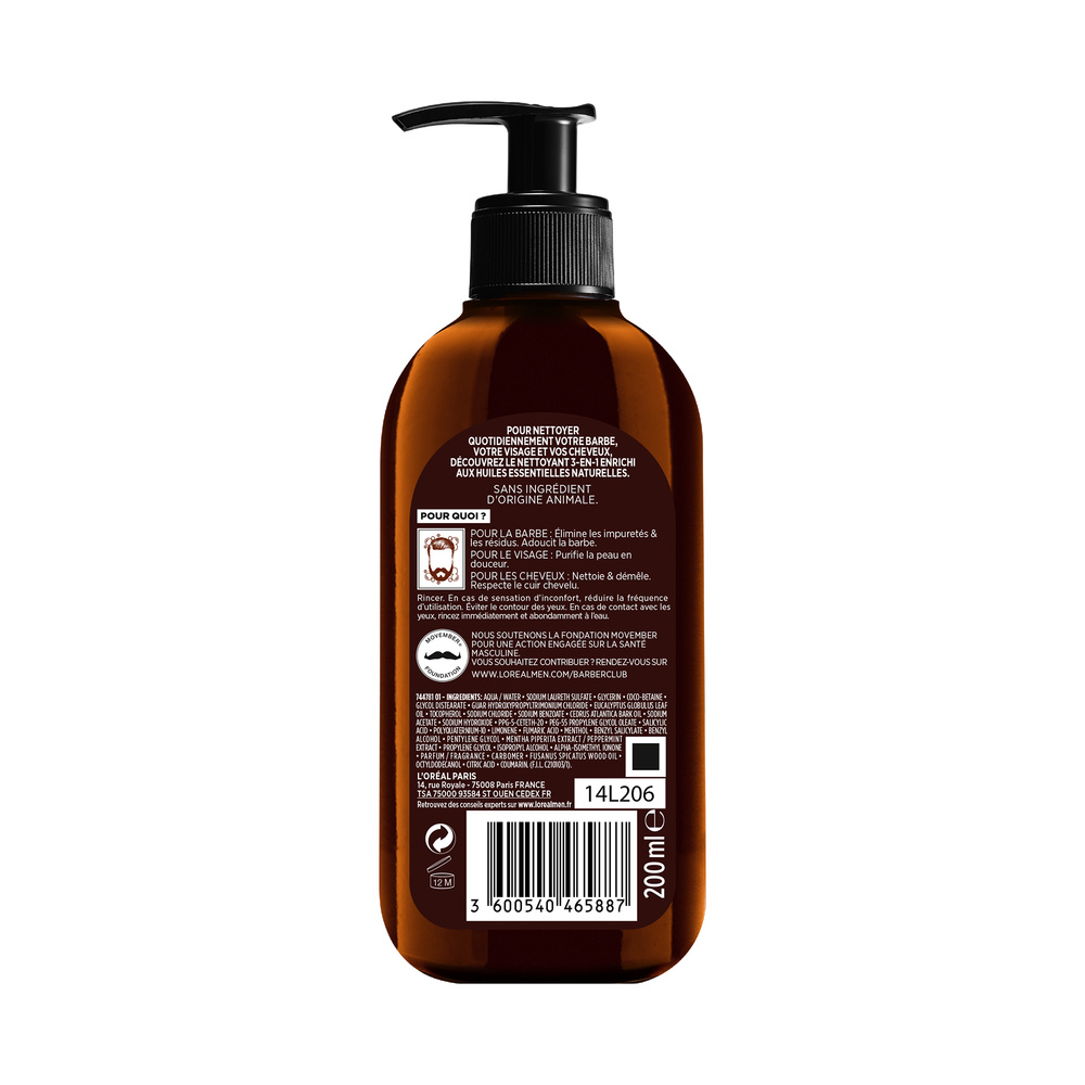 L'Oréal Paris Men Expert BarberClub Nettoyant 3 En 1, Barbe, Visage Et Cheveux Homme