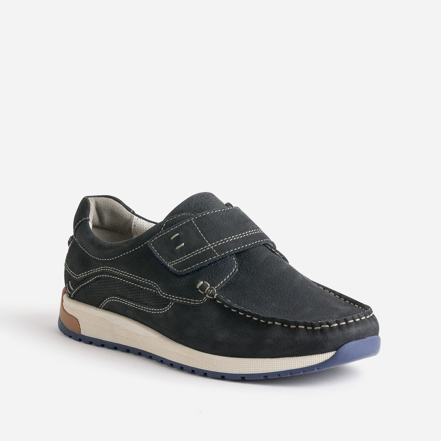 Chaussure-bateau marine en cuir à scratch