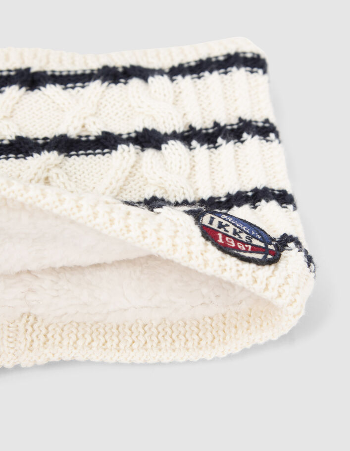 Bonnet et snood écru tricot rayé badge ballon bébé garçon