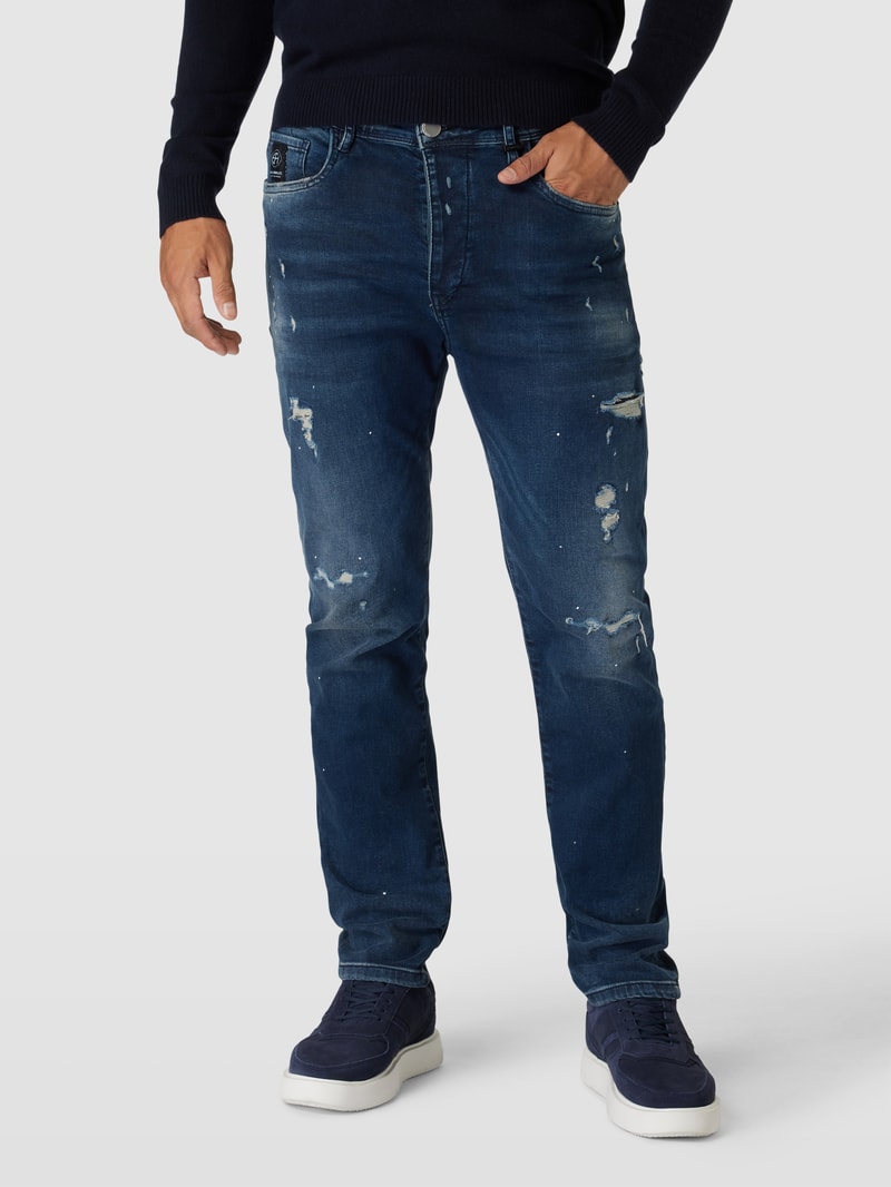 Comfort Fit Mid Rise Jeans im Destroyed-Look Modell 'ZAVEN' in marineblau