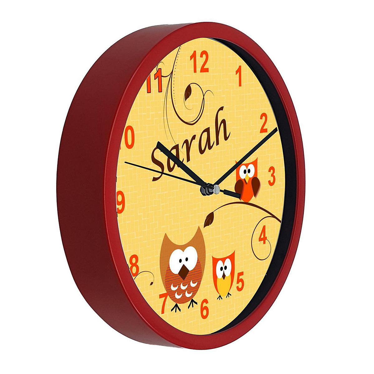 Kinder Wanduhr laufruhig personalisiert mit Name Eule Orange