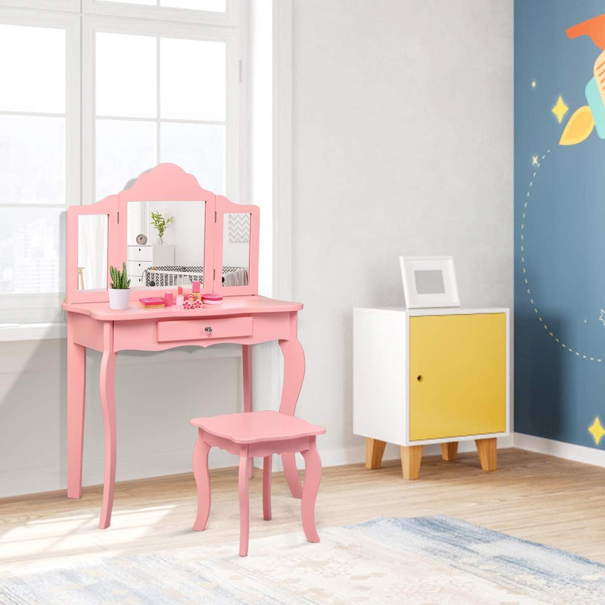 Costway Kinder Schminktisch mit Hocker und Abnehmbarer Spiegel