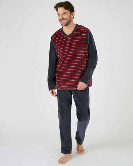 Pyjama col V rayé velours