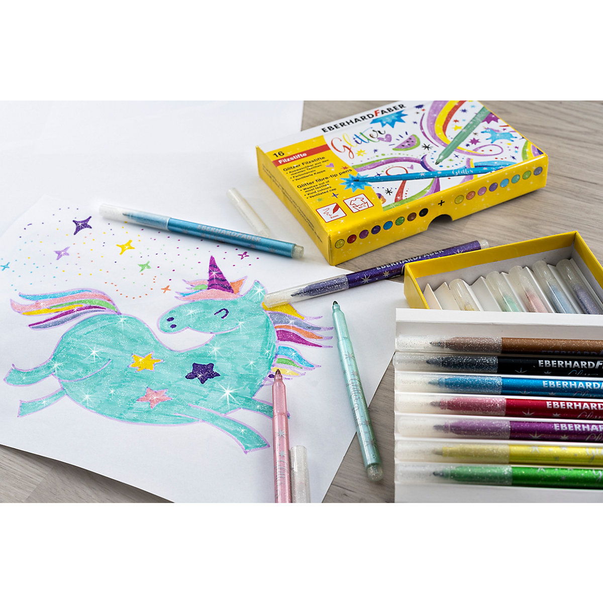 Glitter-Fasermaler, 16 Farben im Geschenkkarton