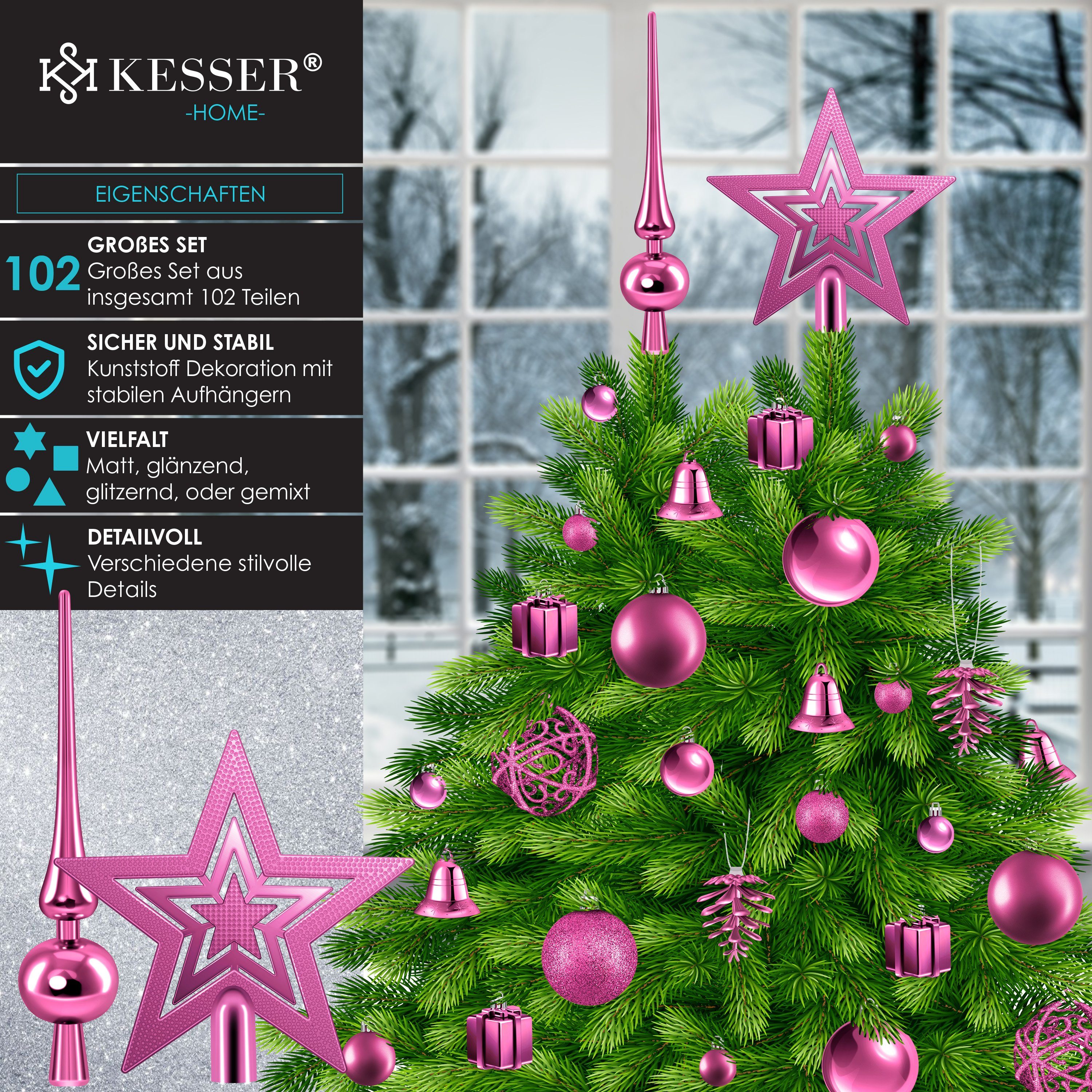 KESSER Christbaumschmuck (102-tlg), Weihnachtskugeln 102-teiliges Set Baumspitze Christbaumkugeln