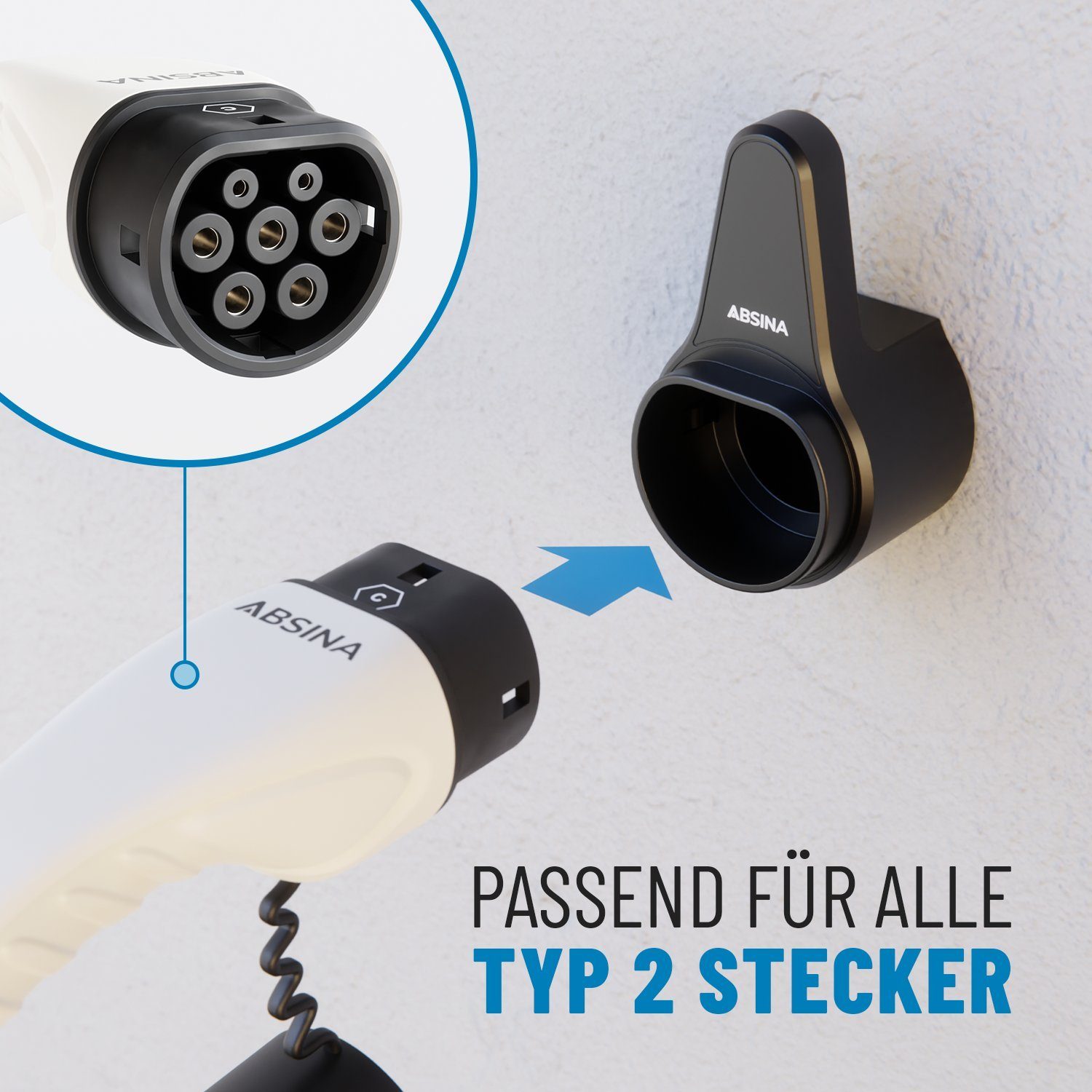 ABSINA Ladekabelhalter & Steckerhalter Typ 2 - Typ 2 Wandhalterung Elektroauto-Ladestation-Halterung