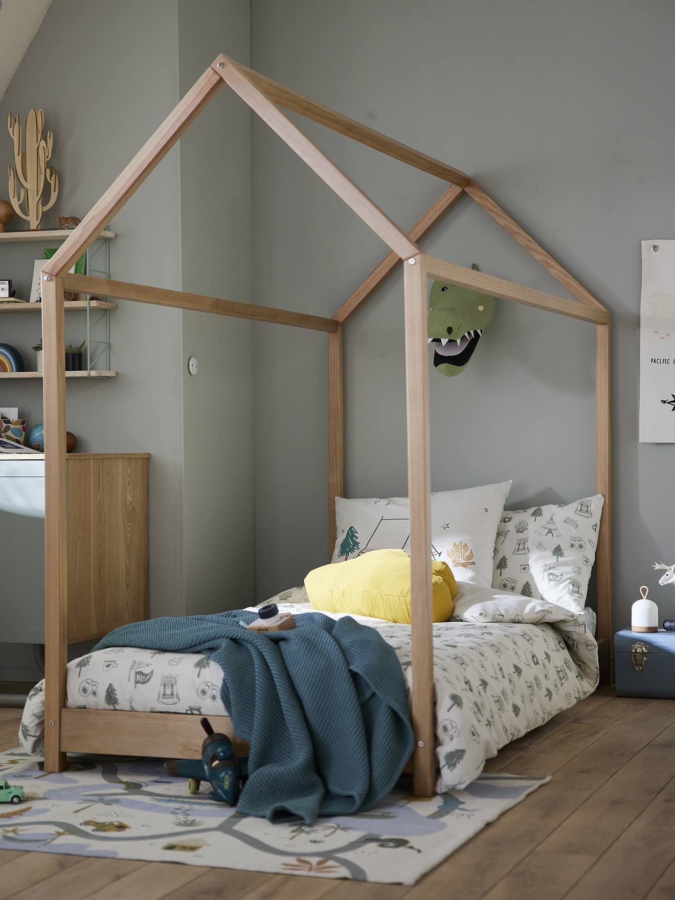 Vertbaudet Niedriges Kinderzimmer Bodenbett, Hausbett - natur