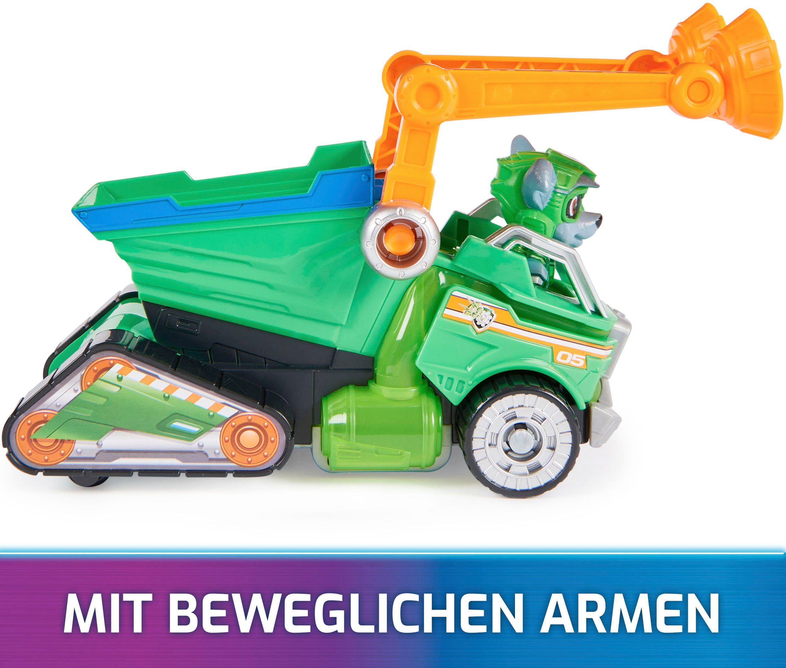 Spin Master Spielzeug-Auto PAW Patrol, Der Mighty Kinofilm: Superhelden-Basis-Fahrzeug von Rocky, Mülltransporter mit Welpenfigur, Licht- und Soundeffekt