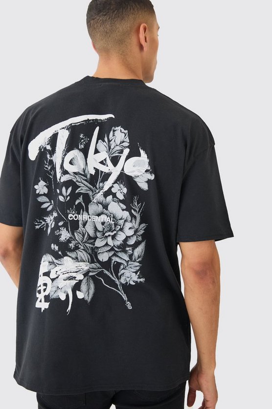 Oversize T-Shirt mit floralem Tokyo-Print