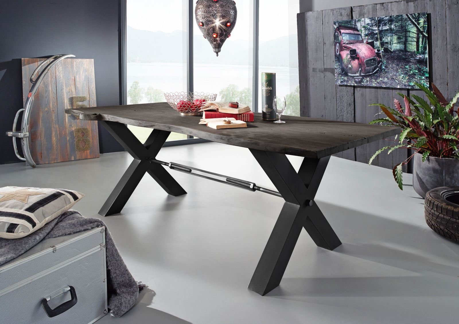 Massivmoebel24 Esstisch Esstisch Akazie 180x100x76 grau lackiert IRON LABEL #115