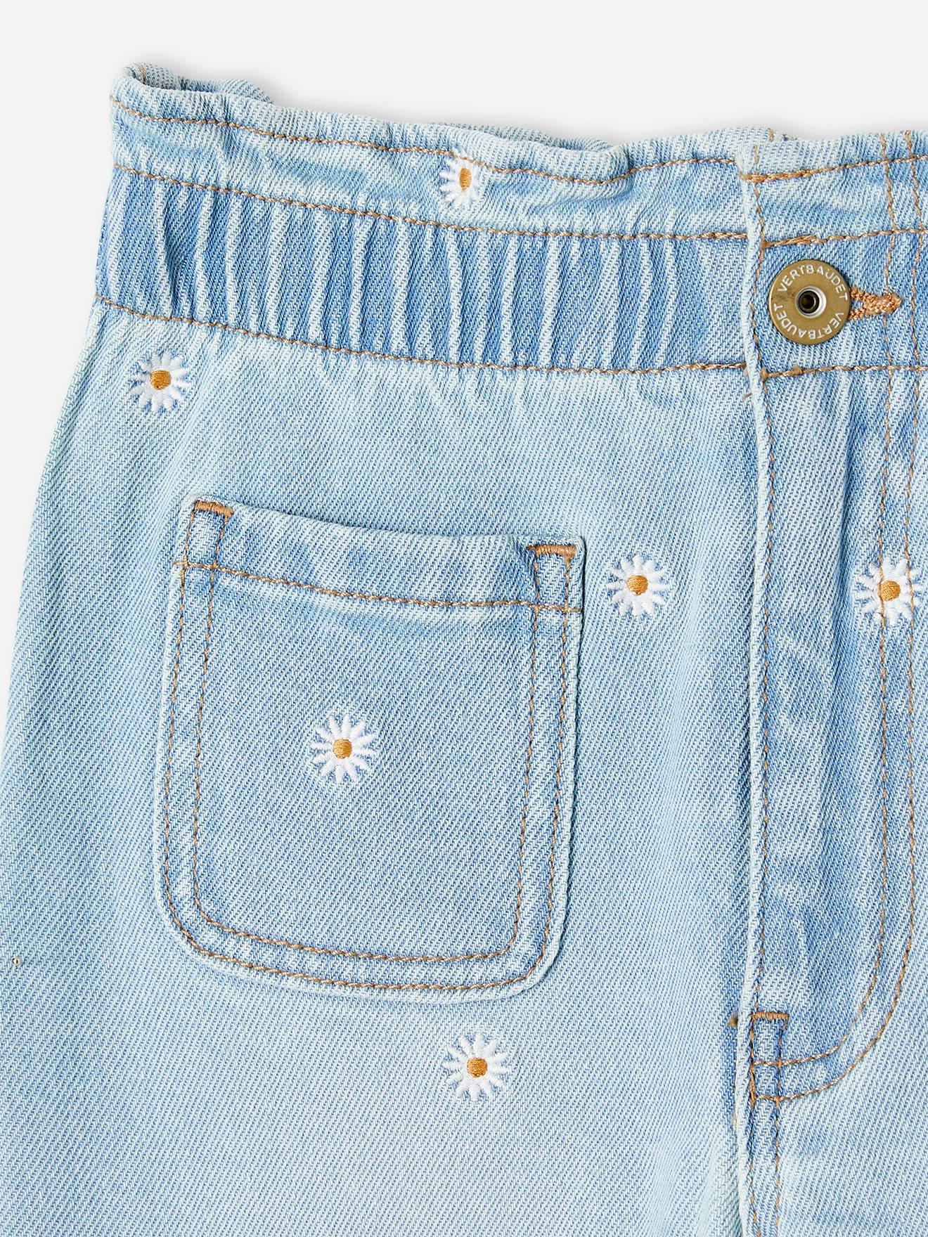 Jean paperbag brodé fleurs fille bleu jean