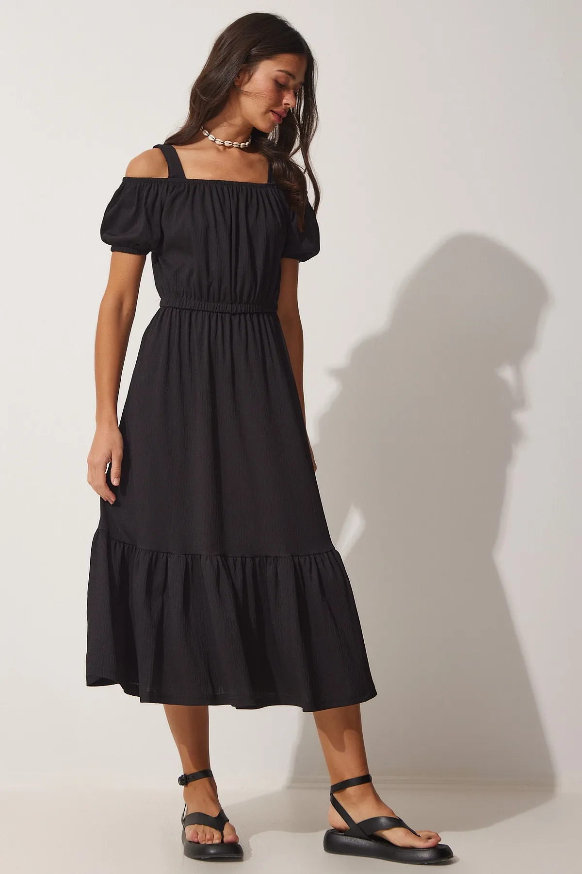 Happiness İstanbul  Schwarzes trägerloses Sommerstrickkleid für Damen AP00182