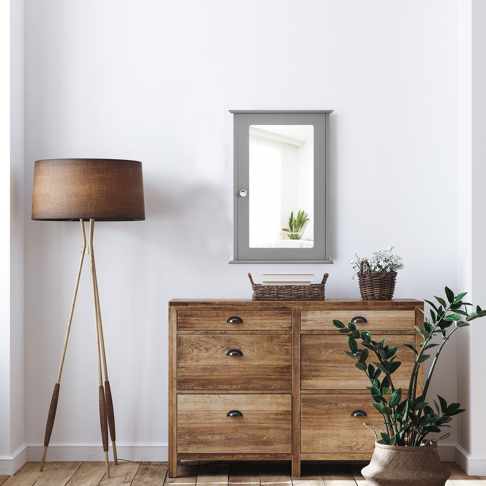 COSTWAY Spiegelschrank Bad, mit Tür & Ablage, Holz, 34x15x53cm, grau