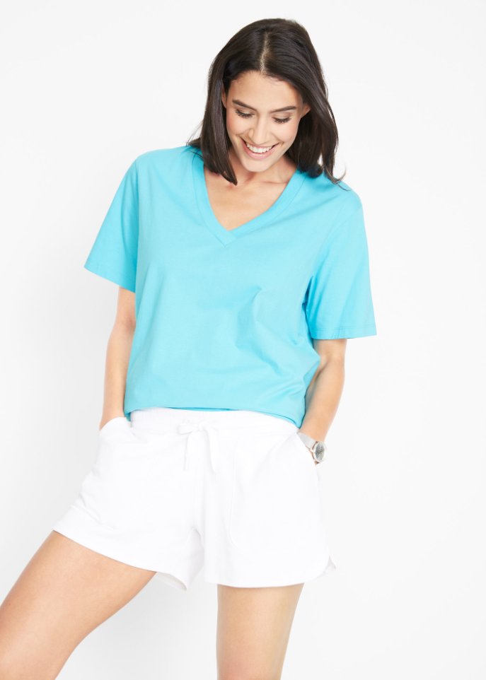 Weites Long-Shirt mit V-Ausschnitt, Kurzarm (5er Pack)