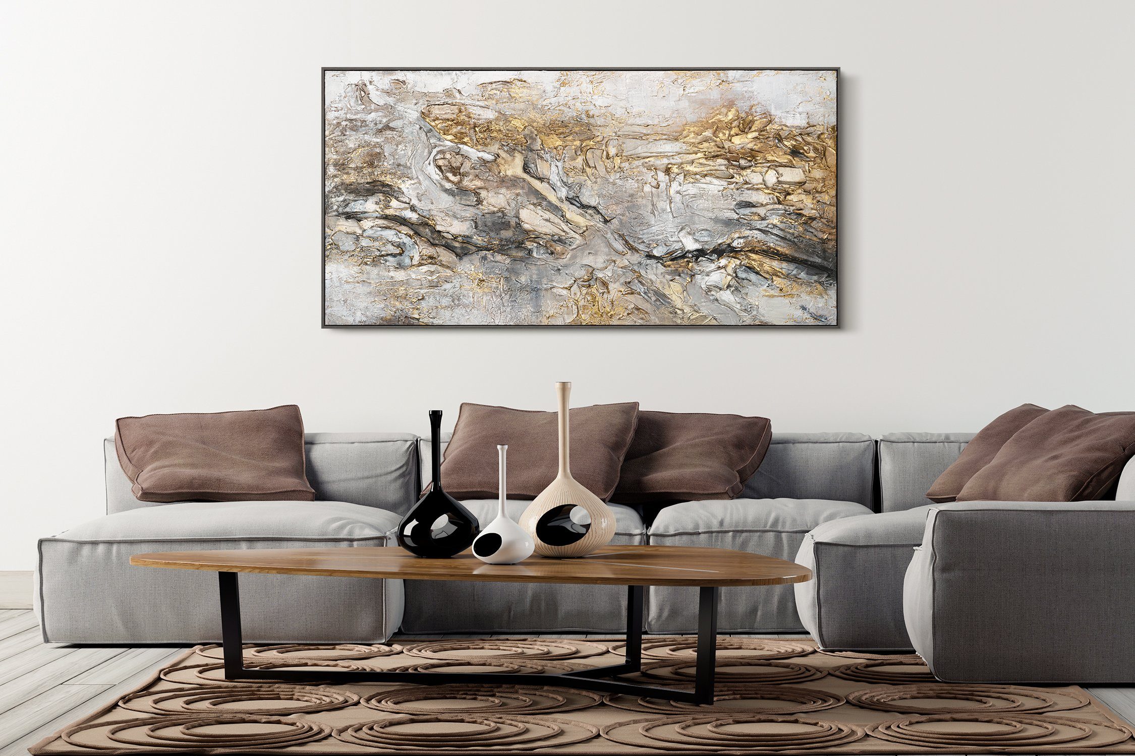 YS-Art Gemälde Klassik, Schwarz Weiß Gold auf Leinwand Bild Handgemalt Abstrakt mit Rahmen