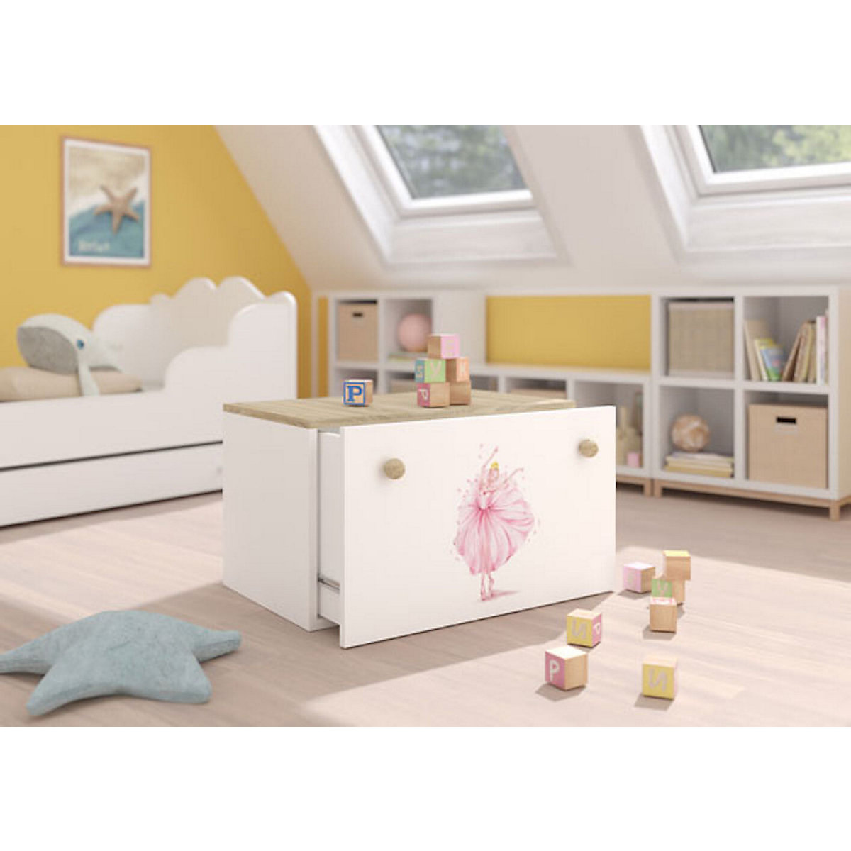 Spielzeugtruhe Sitztruhe Inga 70cm Motiv wählbar mit 1 Schublade