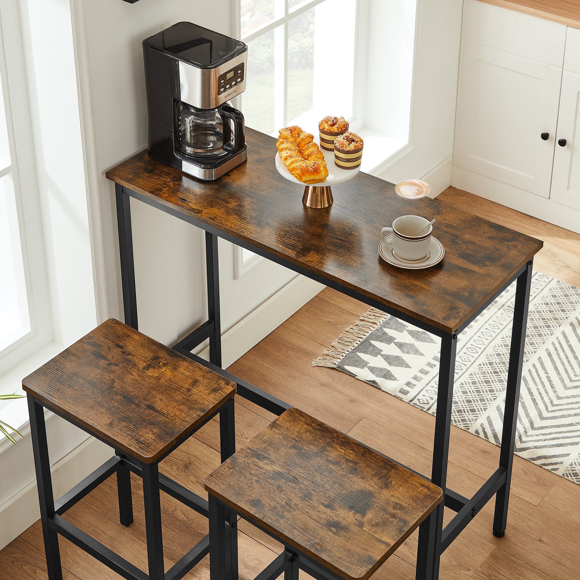 VASAGLE Bartisch Bartisch-Set, Stehtisch(100x40x90cm) mit 2 Barhockern