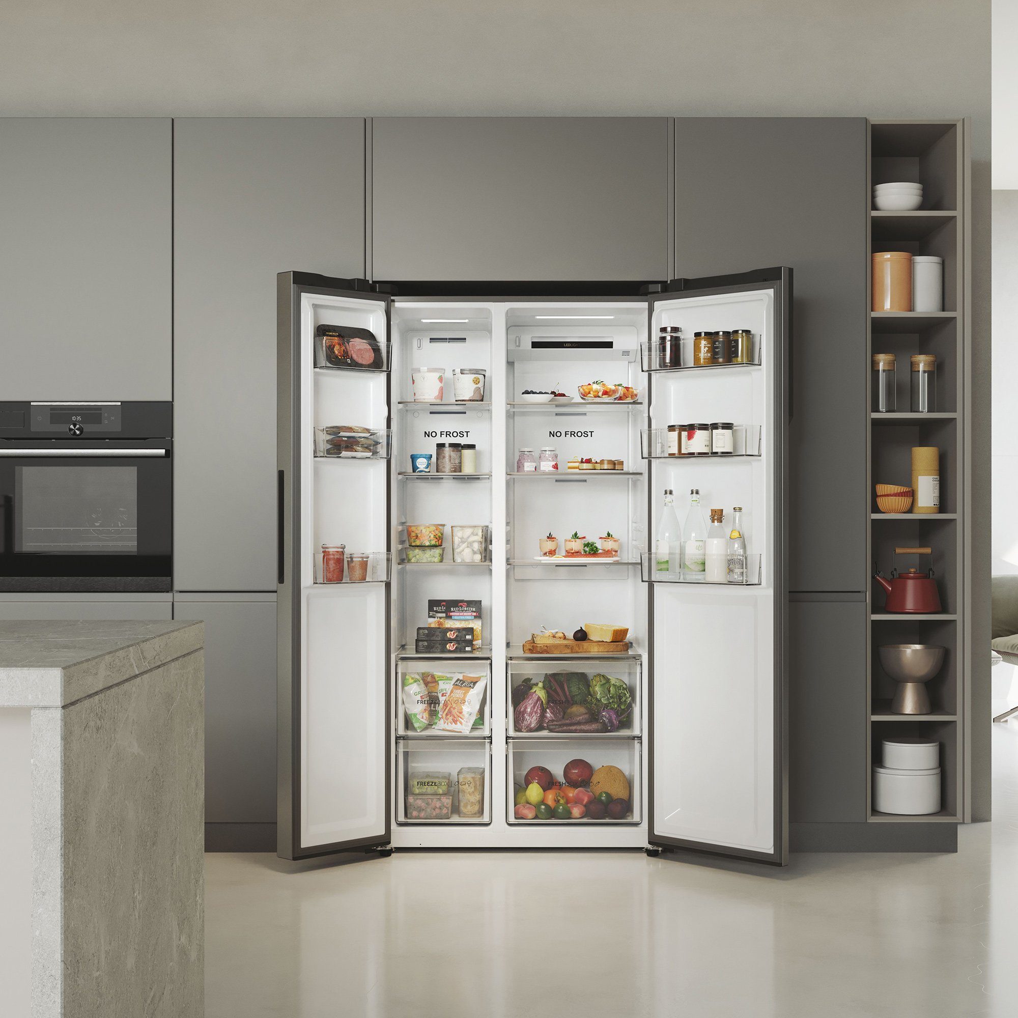 Haier Side-by-Side Front aus Edelstahl HSR5918DNMP, 177,5 cm hoch, 90,8 cm breit, Total NoFrost, Mutli Airflow, Top LED Beleuchtung, XL Slim Line