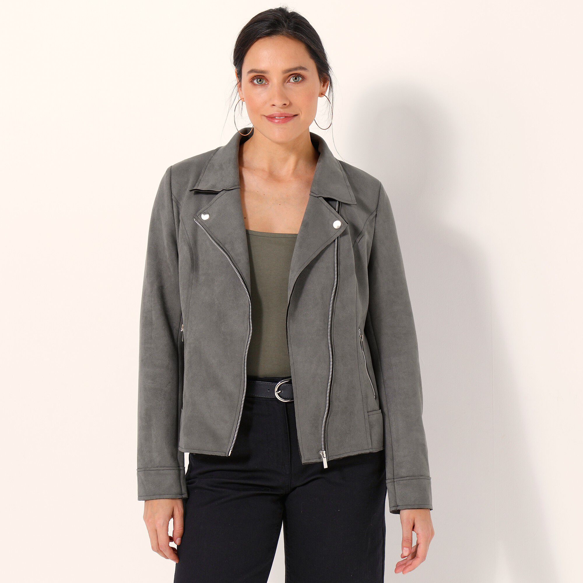 Blouson zippé col tailleur pressionné, suédine