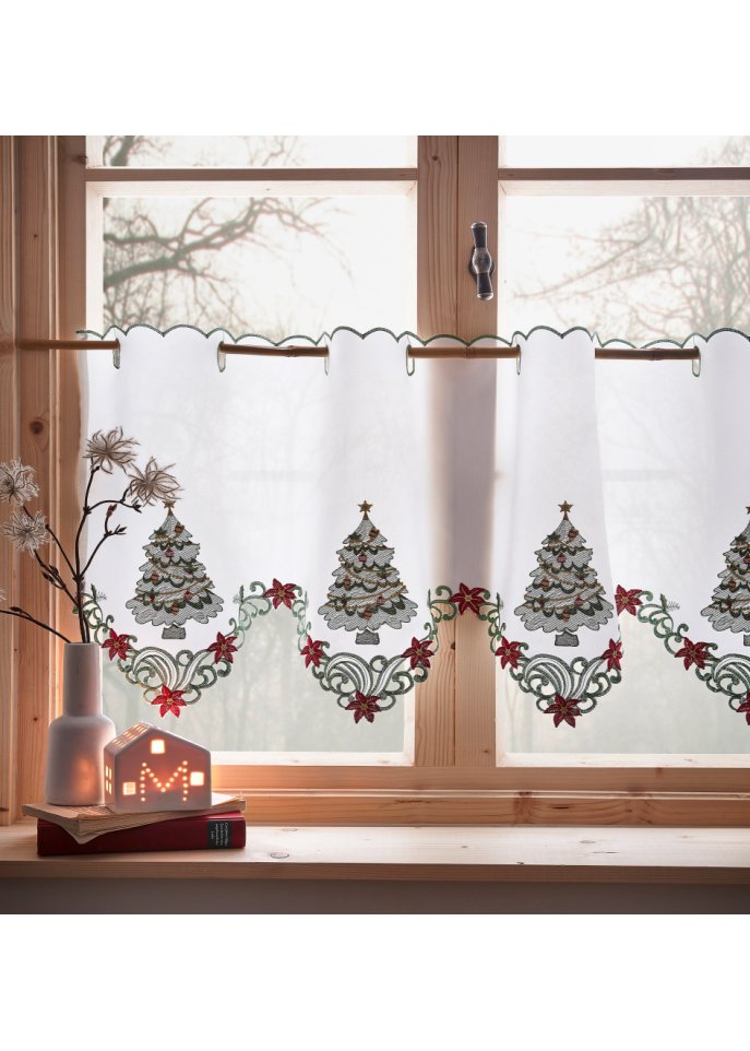Scheibengardine mit weihnachtlicher Stickerei