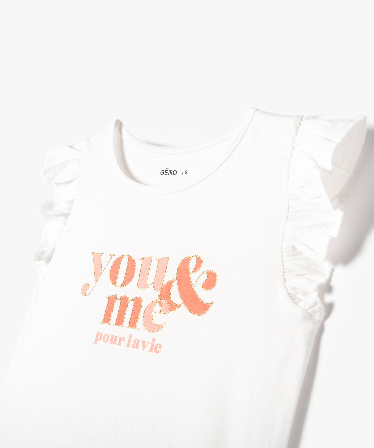 Tee-shirt fille avec inscription pailletée et volants sur l... ecru | GEMO