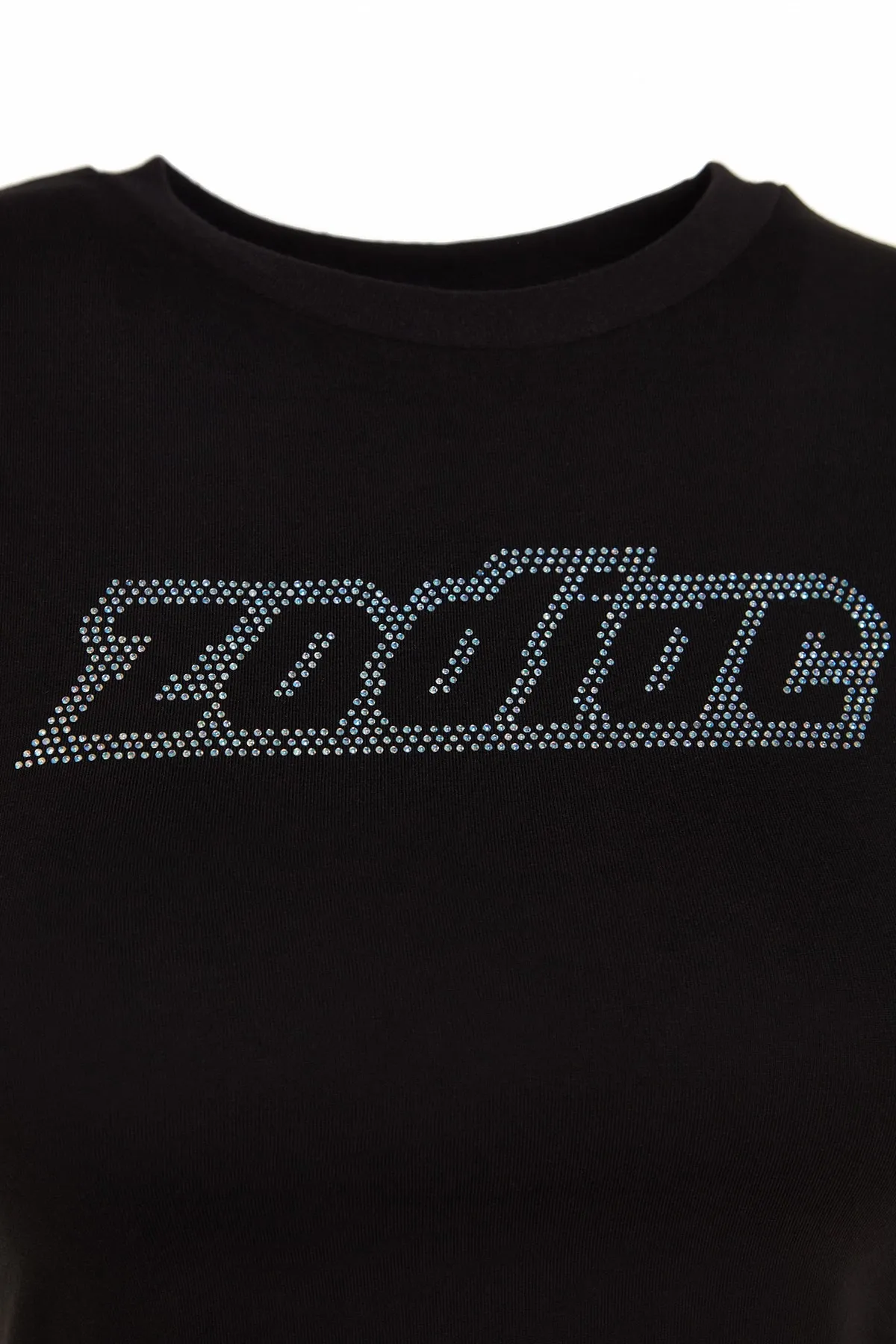 Trendyol Collection  Schwarzes, mit Steinen bedrucktes, kurz geschnittenes, dehnbares Strick-T-Shirt aus Baumwolle mit Rundhalsausschnitt und Rundhalsausschnitt TWOSS23TS00128