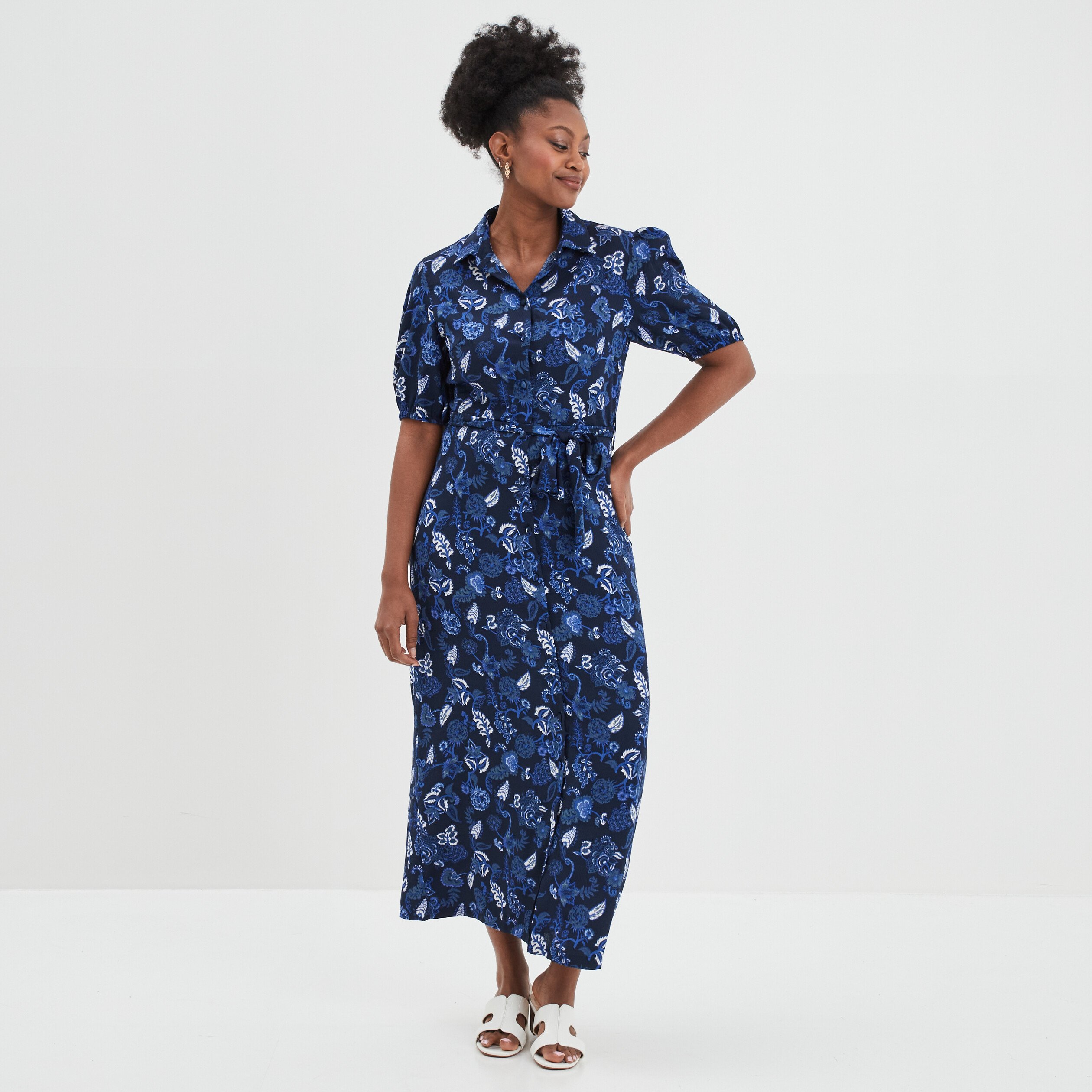 Robe longue chemise ceinturée Creeks bleu marine femme | La Halle